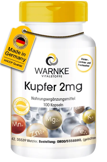 Kupfer 2mg aus Kupferbisglycinat - 100 Kapseln - für Hautpigmentierung, Haarpigmentierung uvm. | Warnke Vitalstoffe Kupfer 2mg aus Kupferbisglycinat - 100 Kapseln - für Hautpigmentierung, Haarpigmentierung uvm. | Warnke Vitalstoffe