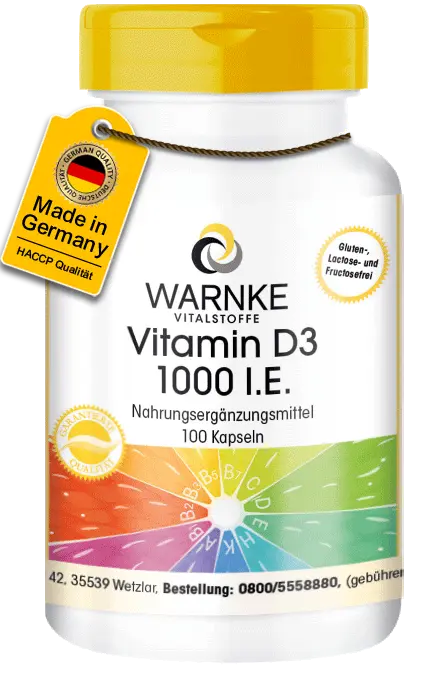 Vitamin D3 1000 I.E. - 100 Kapseln - für Knochen, Zähne, Muskeln uvm. | Warnke Vitalstoffe Vitamin D3 1000 I.E. - 100 Kapseln - für Knochen, Zähne, Muskeln uvm. | Warnke Vitalstoffe