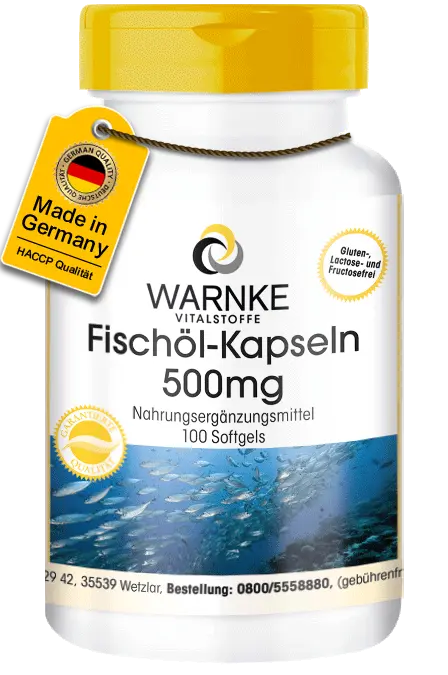 Omega 3 Kapseln aus Fischöl 500mg - 100 Softgels - mit DHA,EPA uvm. - für Blutdruck, Herz uvm. | Warnke Vitalstoffe Omega 3 Kapseln aus Fischöl 500mg - 100 Softgels - mit DHA,EPA uvm. - für Blutdruck, Herz uvm. | Warnke Vitalstoffe
