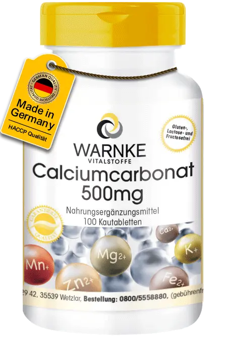 Calciumcarbonat 500mg - 100 Kautabletten - für Knochen, Muskeln, Zähne uvm. | Warnke Vitalstoffe Calciumcarbonat 500mg - 100 Kautabletten - für Knochen, Muskeln, Zähne uvm. | Warnke Vitalstoffe
