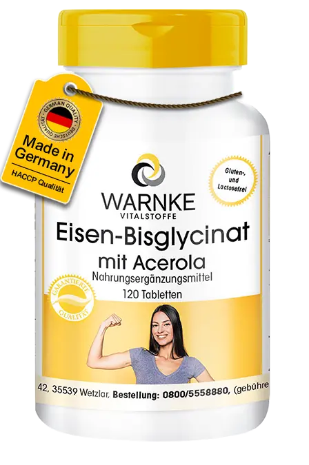 Eisen-Bisglycinat mit Acerola - 120 Tabletten - für Immunsystem, Sauerstofftransport, Blut uvm. | Warnke Vitalstoffe Eisen-Bisglycinat mit Acerola - 120 Tabletten - für Immunsystem, Sauerstofftransport, Blut uvm. | Warnke Vitalstoffe