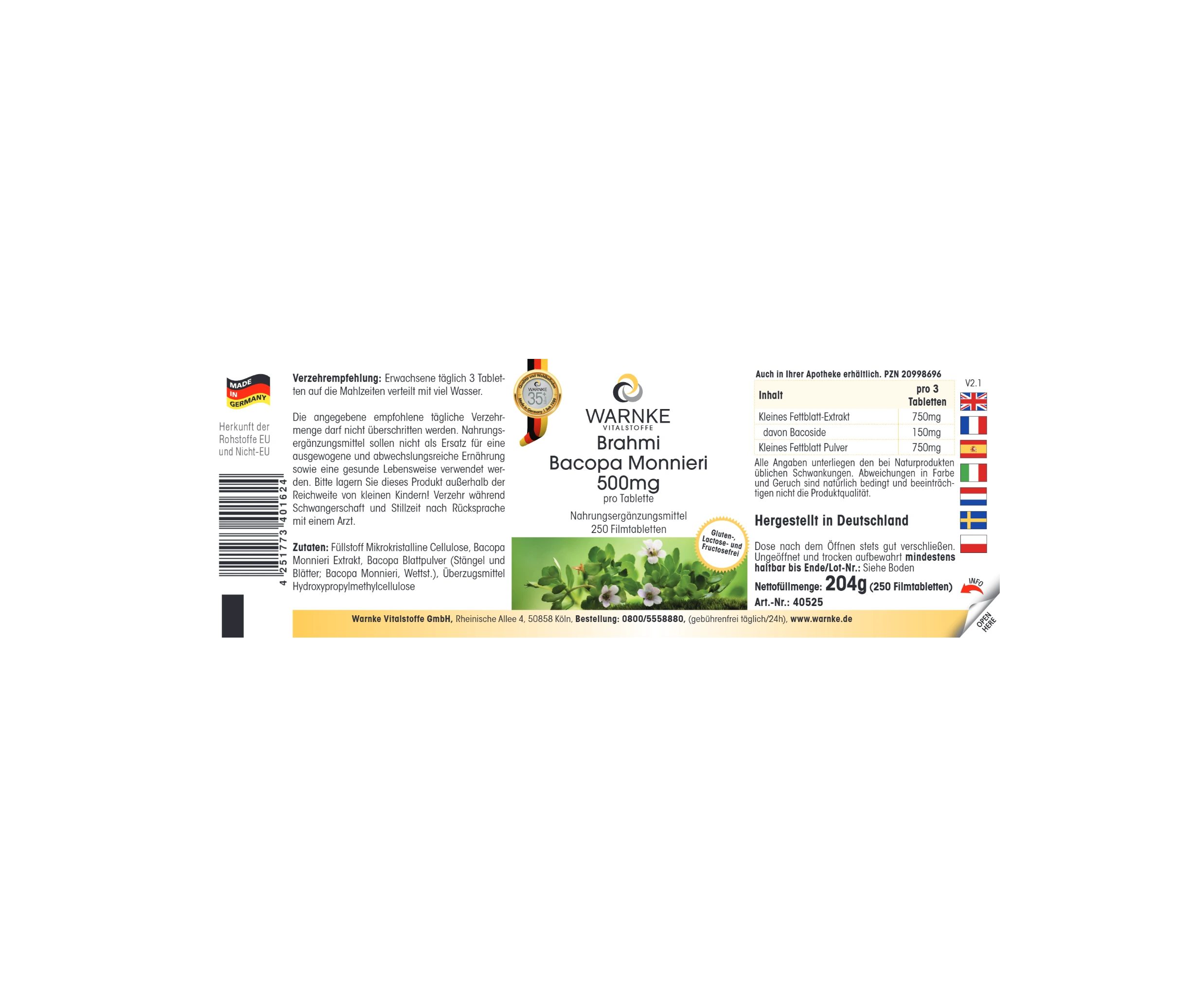 Brahmi Bacopa Monnieri 500mg - 250 comprimés pelliculés - Végan | Warnke Vitalstoffe
