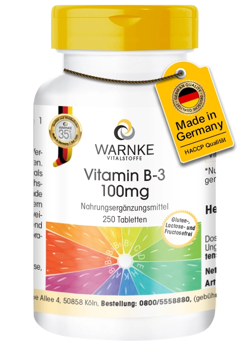 Vitamin B-3 100mg - 250 Tabletten - Niacin - für Haut, Nervensystem, Energie uvm. - vegan | Warnke Vitalstoffe