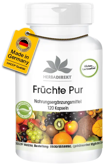 Früchte Pur - 120 Kapseln - mit Vitamin C uvm. - für Immunsystem, Kollagenbildung uvm. | Warnke Vitalstoffe Früchte Pur - 120 Kapseln - mit Vitamin C uvm. - für Immunsystem, Kollagenbildung uvm. | Warnke Vitalstoffe