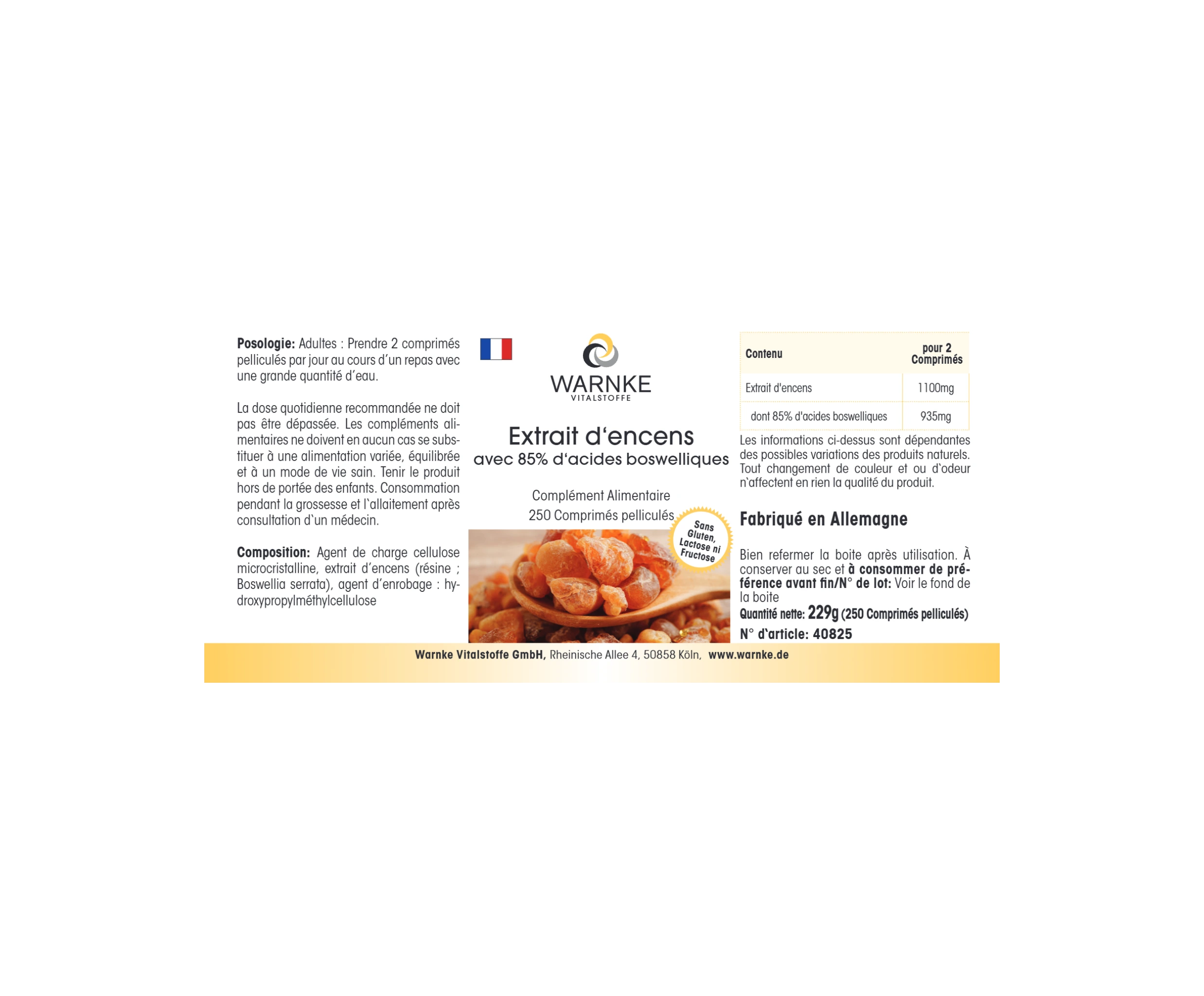 Extrait d'encens avec 85% d'acides boswelliques - 250 comprimés pelliculés - Faciles à avaler - Végan | Warnke Vitalstoffe