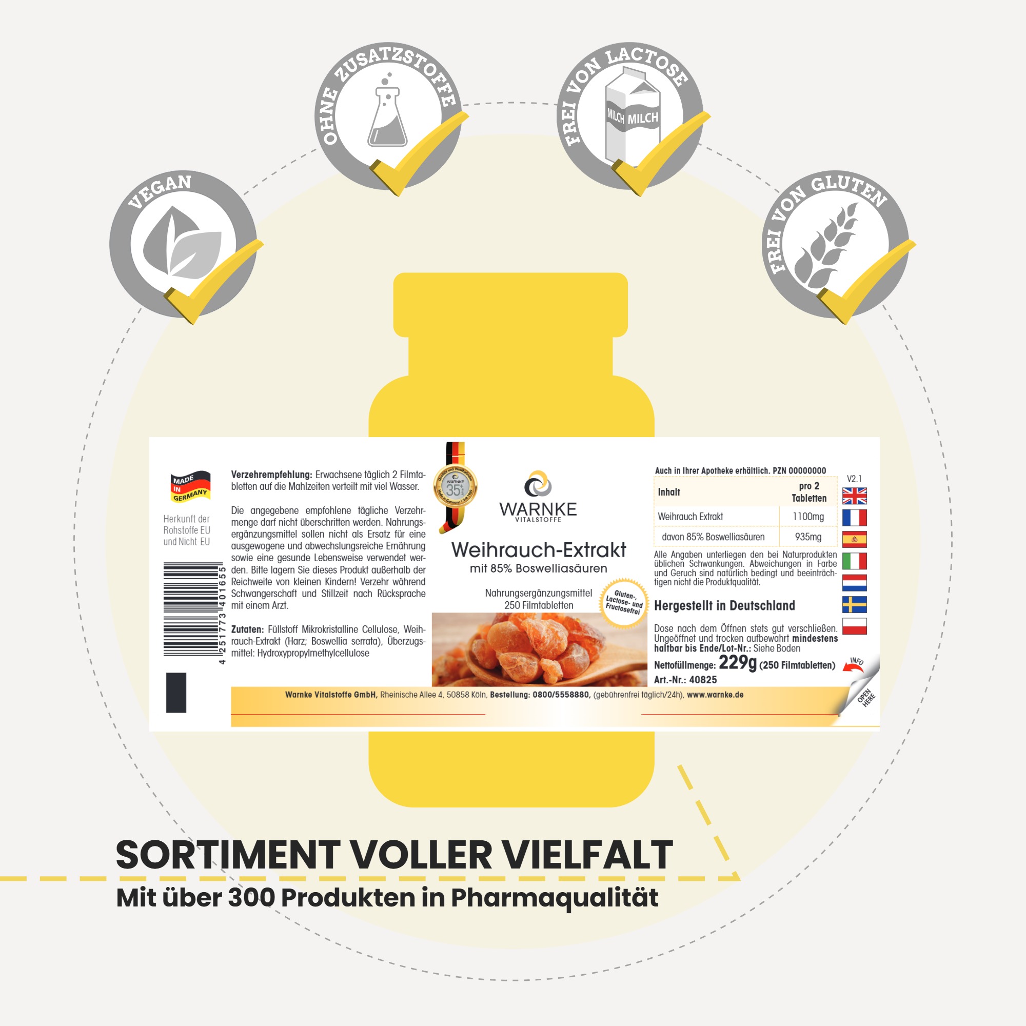 Extrait d'encens avec 85% d'acides boswelliques - 250 comprimés pelliculés - Faciles à avaler - Végan | Warnke Vitalstoffe