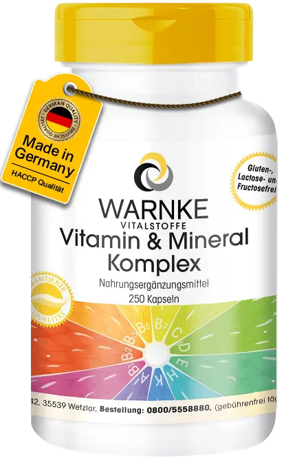 Vitamin & Mineral Komplex - 250 Kapseln - mit Zink, Vitamin B12 uvm. - für Immunsytem, Zellschutz uvm. | Warnke Vitalstoffe Vitamin & Mineral Komplex - 250 Kapseln - mit Zink, Vitamin B12 uvm. - für Immunsytem, Zellschutz uvm. | Warnke Vitalstoffe