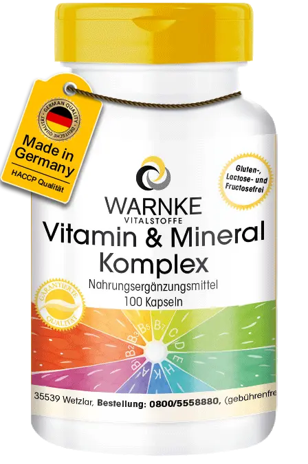 Vitamin & Mineral Komplex - 100 Kapseln - mit Zink, Vitamin B12 uvm. - für Immunsytem, Zellschutz uvm. | Warnke Vitalstoffe Vitamin & Mineral Komplex - 100 Kapseln - mit Zink, Vitamin B12 uvm. - für Immunsytem, Zellschutz uvm. | Warnke Vitalstoffe