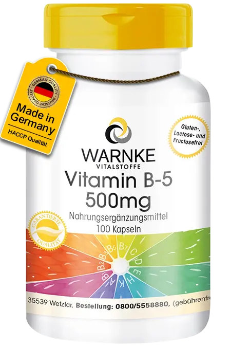 Vitamin B5 500mg - 100 Kapseln - Pantothensäure - für Energiestoffwechsel, geistige Leistung uvm. | Warnke Vitalstoffe Vitamin B5 500mg - 100 Kapseln - Pantothensäure - für Energiestoffwechsel, geistige Leistung uvm. | Warnke Vitalstoffe
