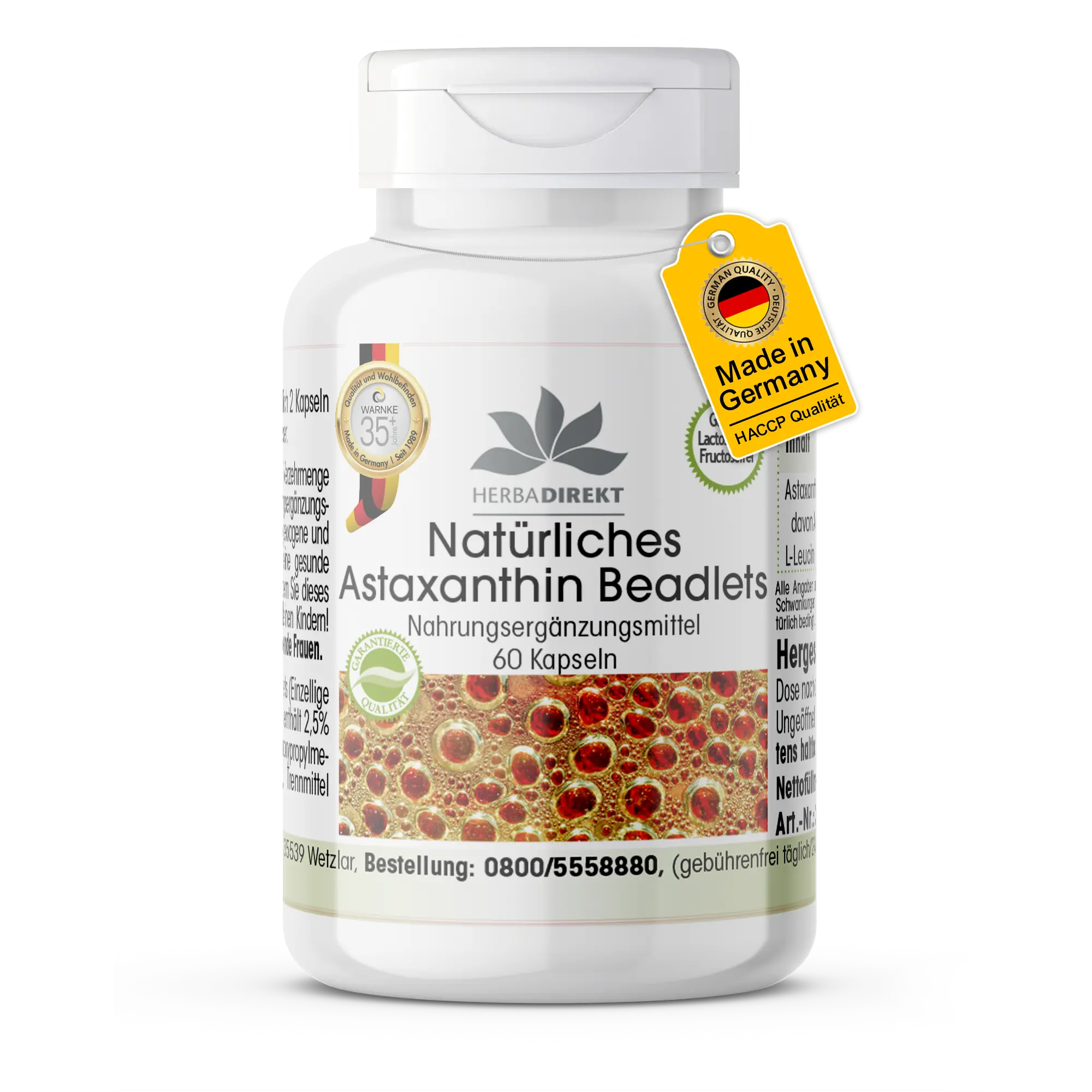 Natürliches Astaxanthin - 60 Kapseln - Schluckfreundlich - Haematococcus Pluvialis - Vegan | Warnke Vitalstoffe