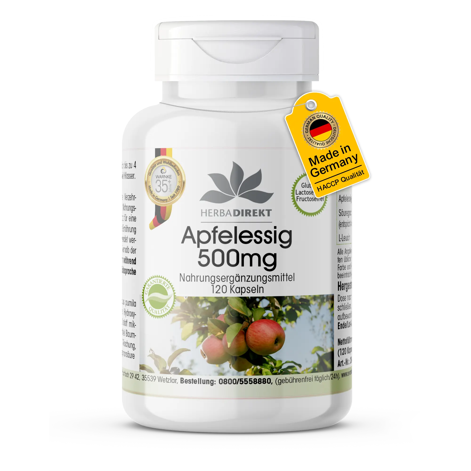 Apfelessig 500mg - 120 Kapseln - Hochdosiert & Vegan | Warnke Vitalstoffe