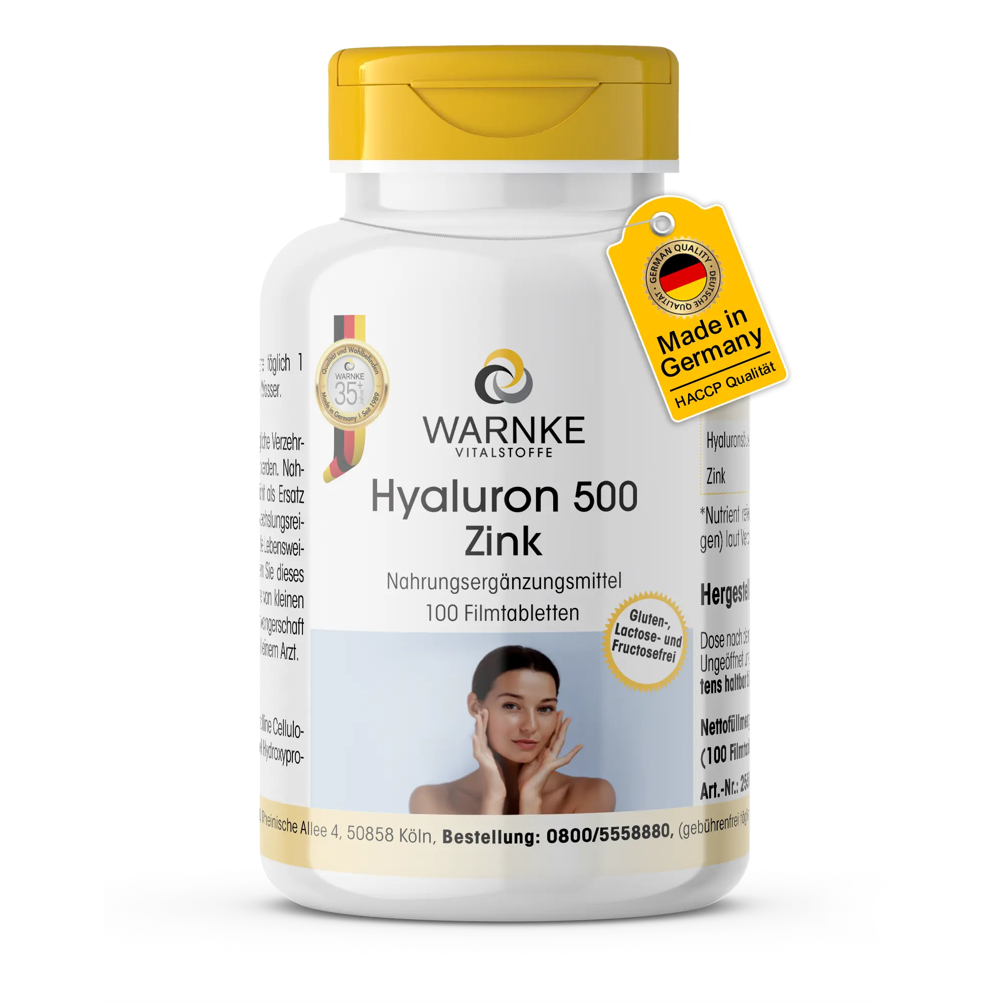 Hyaluron 500 + Zink - 100 Filmtabletten - schluckfreundlich - für Haut, Zellschutz uvm. - vegan | Warnke Vitalstoffe