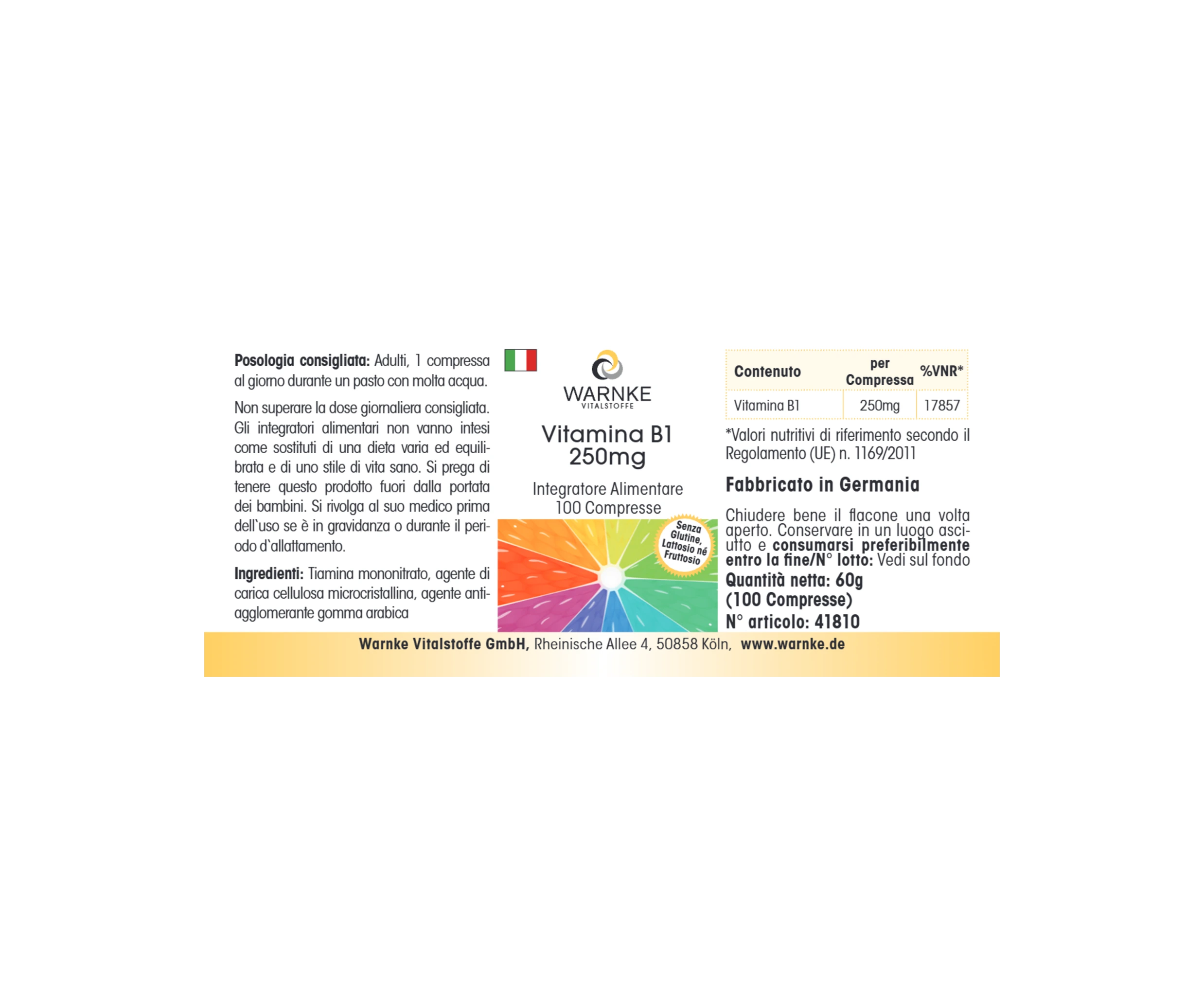 Vitamina B1 250mg - 100 compresse - per energia, cuore e molto altro - ad alto dosaggio & vegano | Warnke Vitalstoffe