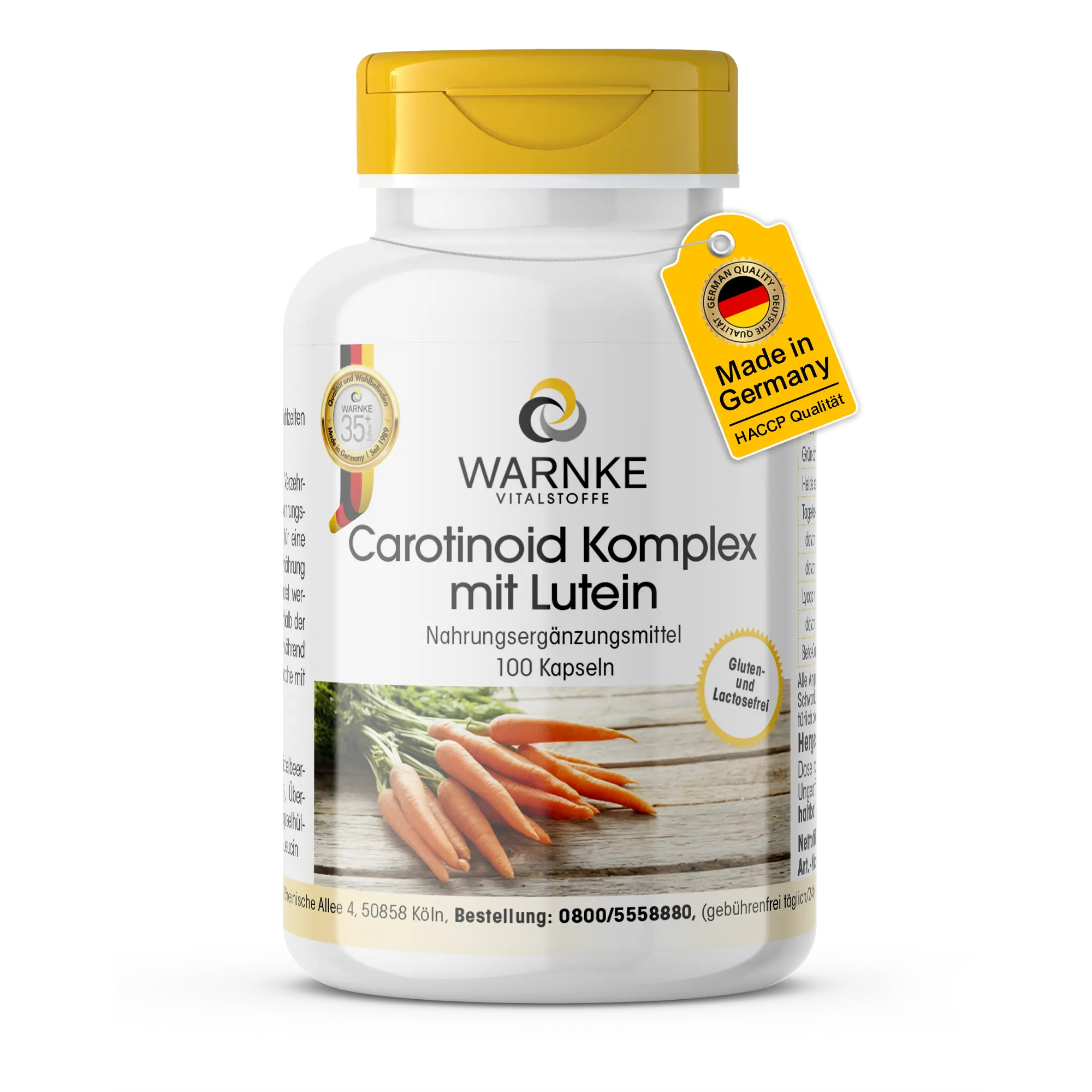 Carotinoid Komplex mit Lutein - 100 Kapseln - Schluckfreundlich - Mit Zeaxanthin, Beta-Carotin, Lycopin - Vegan | Warnke Vitalstoffe