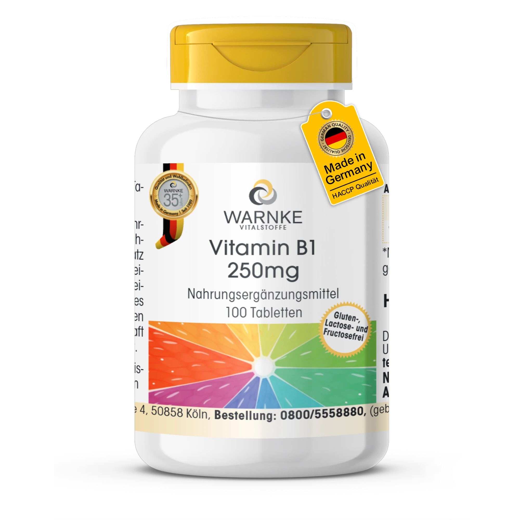 Vitamina B1 250mg - 100 compresse - per energia, cuore e molto altro - ad alto dosaggio & vegano | Warnke Vitalstoffe