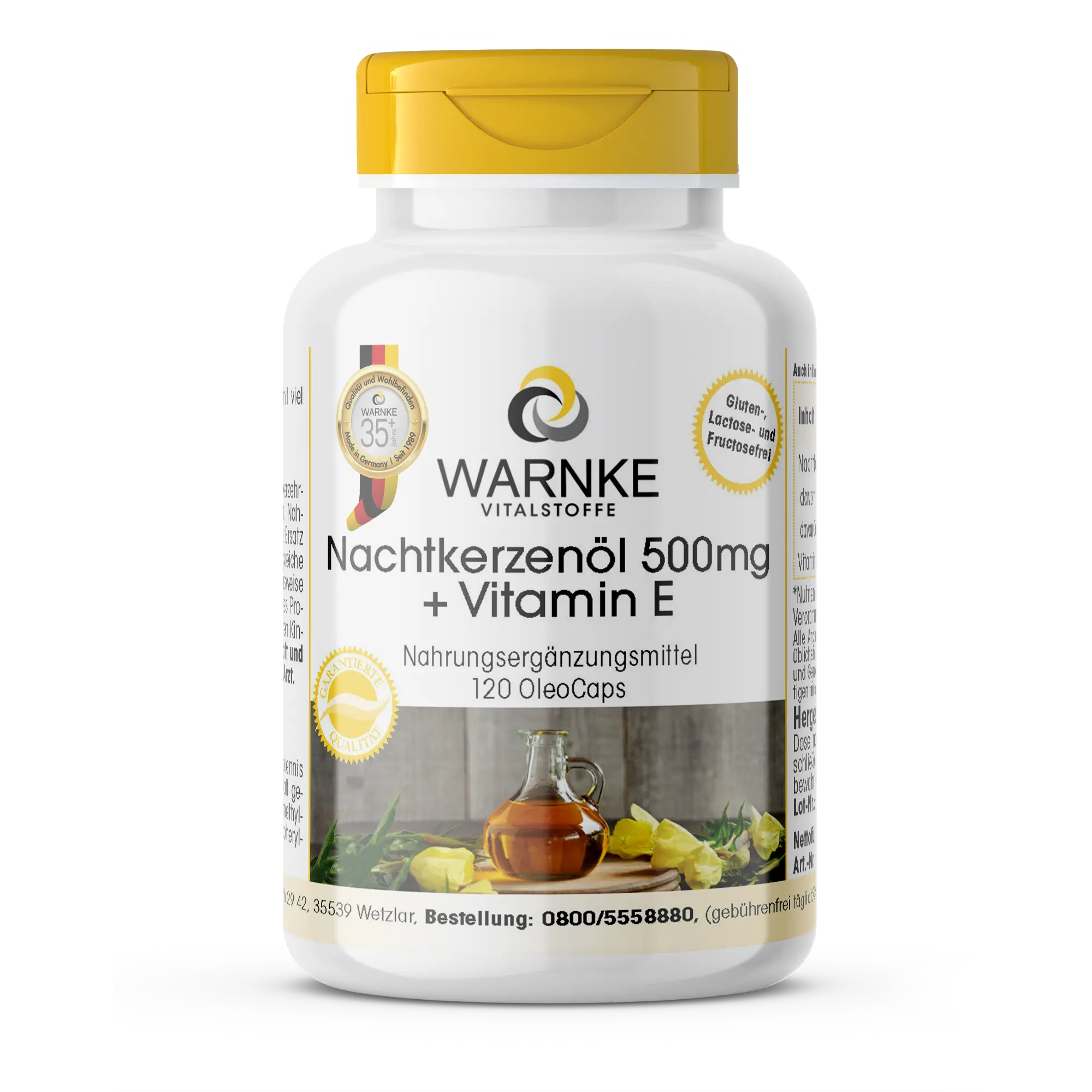Nachtkerzenöl 500mg + Vitamin E - 120 OleoCaps - für Zellschutz - Vegan | Warnke Vitalstoffe
