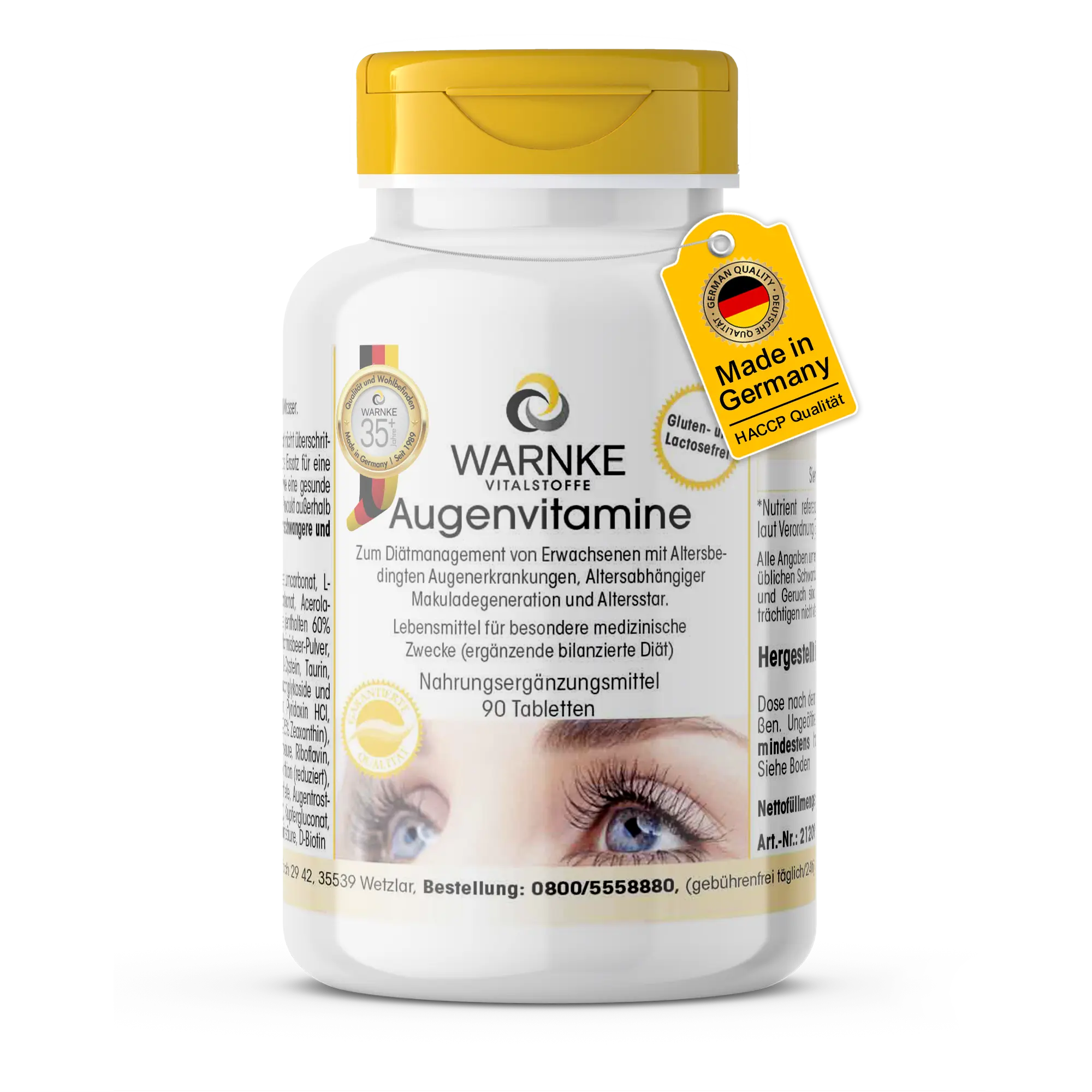 Augenvitamine - 90 Tabletten - mit Vitamin A, Riboflavin, Zink uvm. - für Sehkraft uvm. - schluckfreundlich | Warnke Vitalstoffe