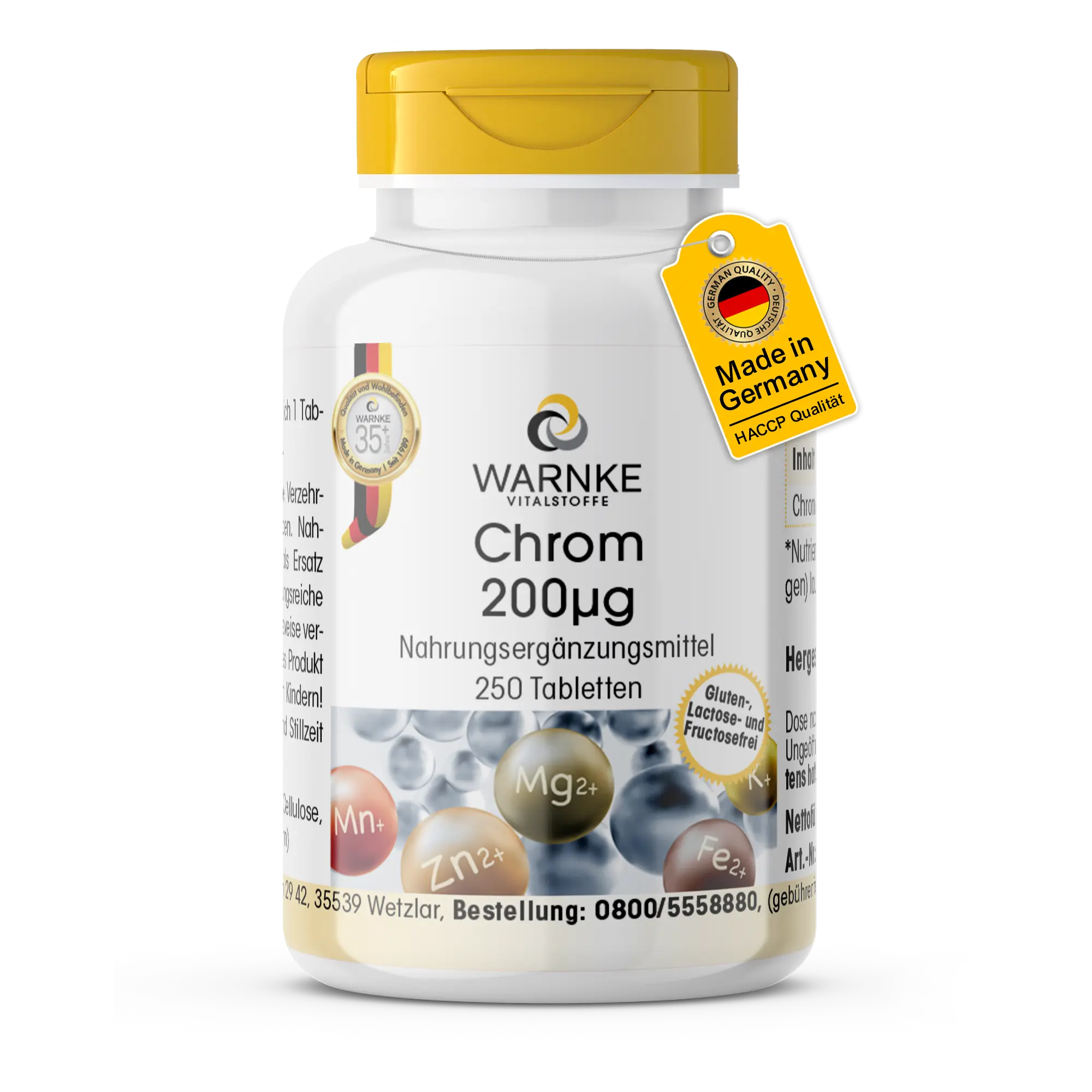 Chrom 200 µg - 250 Tabletten - Schluckfreundlich - Für Blutzuckerspiegel und Makronährstoff-Stoffwechsel - Vegan | Warnke Vitalstoffe