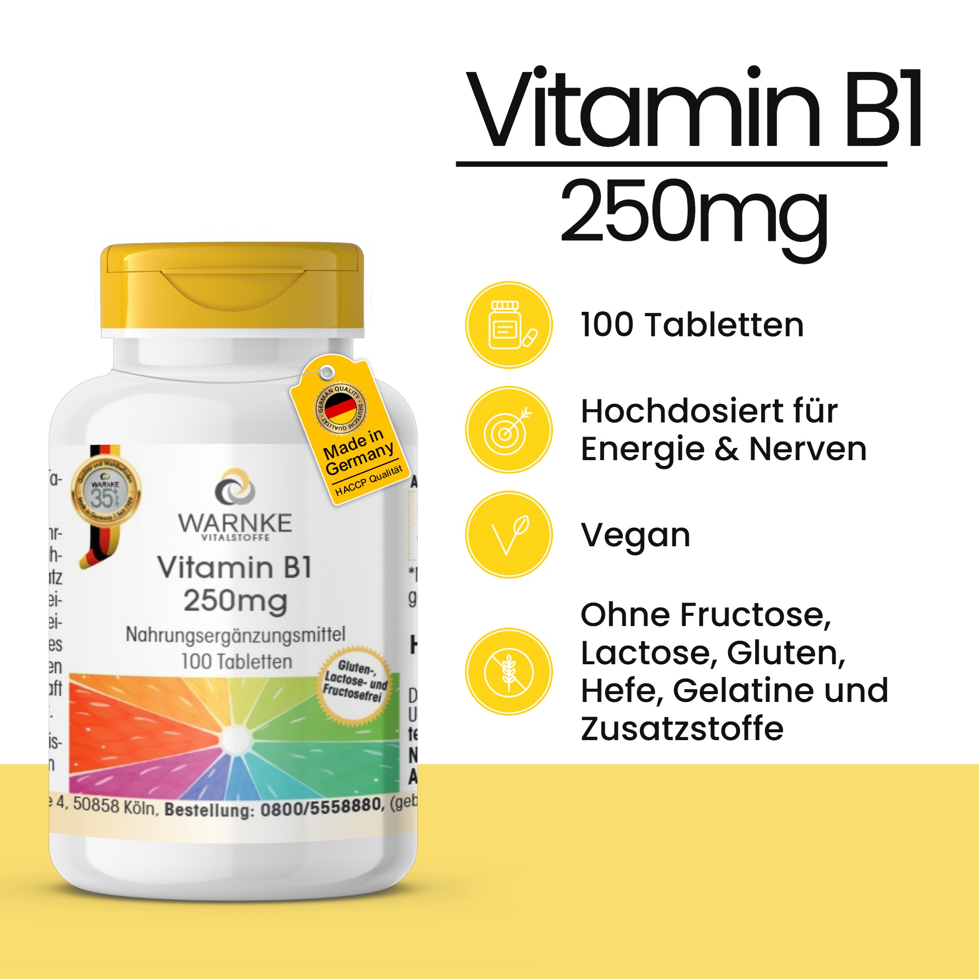 Vitamina B1 250mg - 100 compresse - per energia, cuore e molto altro - ad alto dosaggio & vegano | Warnke Vitalstoffe
