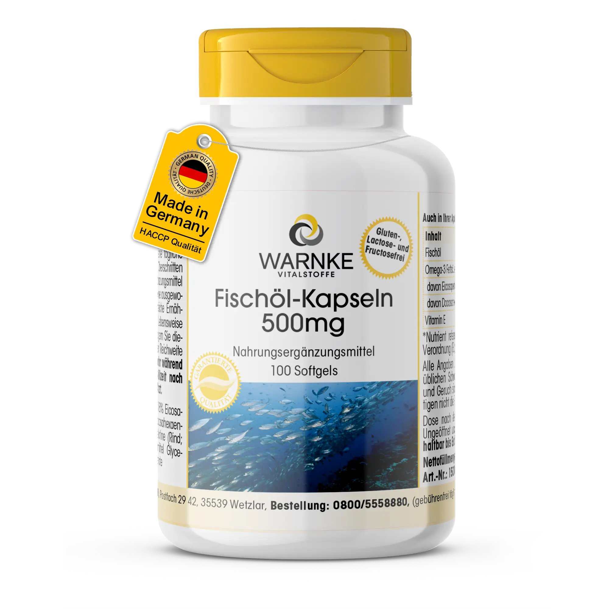 Omega 3 Kapseln aus Fischöl 500mg - 100 Softgels - Schluckfreundlich - Mit DHA,EPA uvm. - Für Blutdruck, Herz uvm. | Warnke Vitalstoffe
