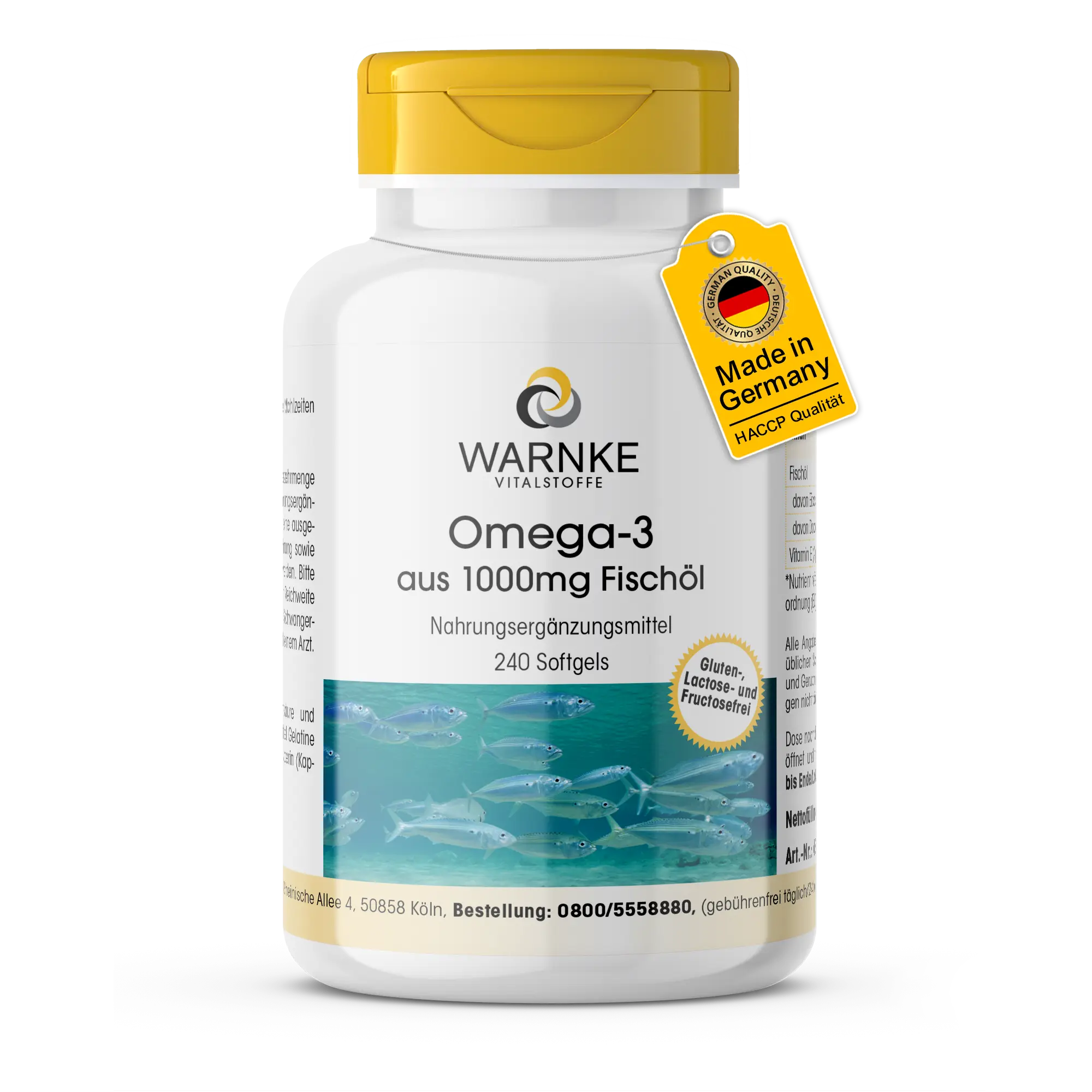 Omega-3 from 1000 mg Fish Oil - 240 softgels - with EPA, DHA & Vitamin E - over 100% daily requirement coverage | Warnke Vitalstoffe