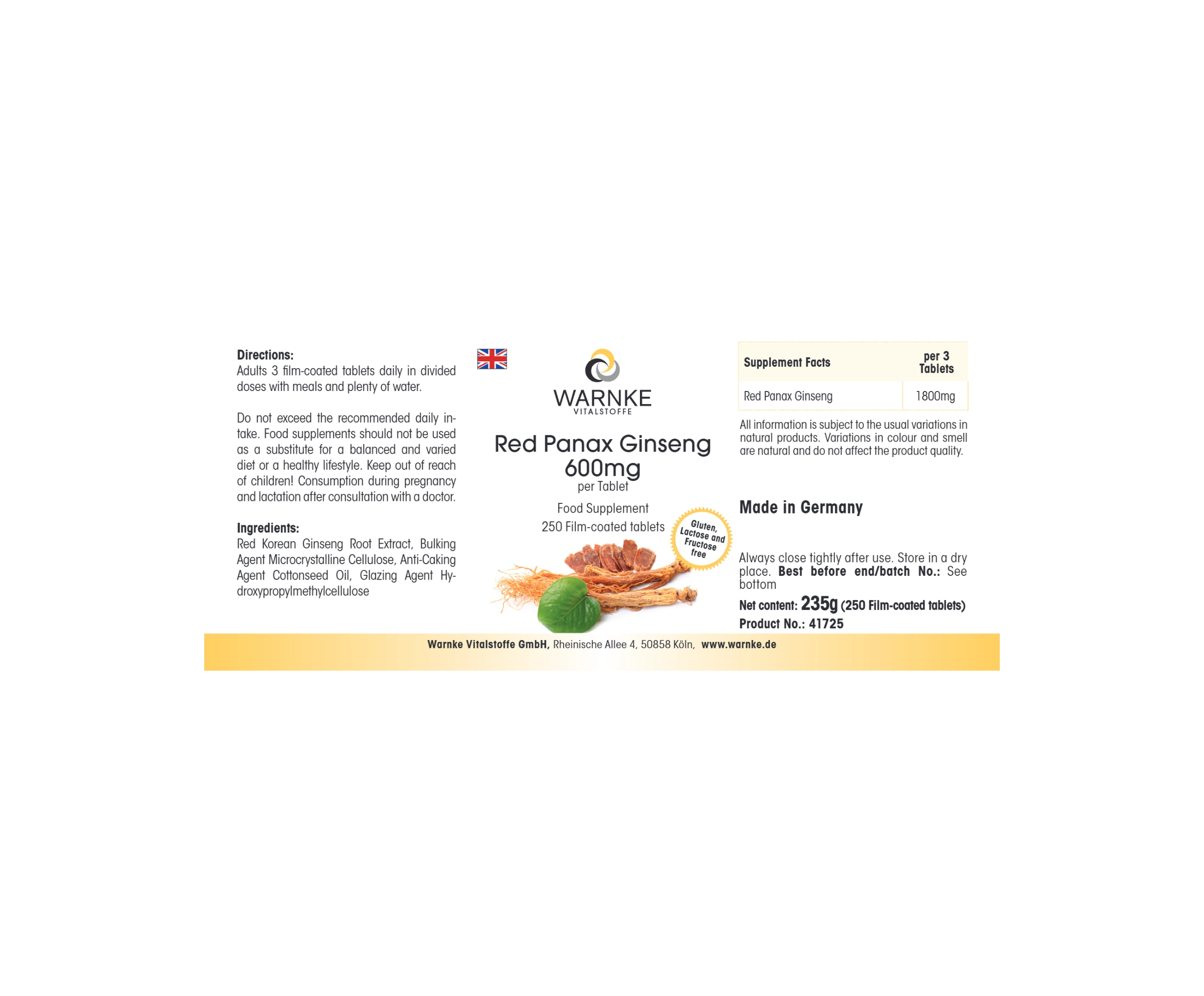Roter Panax Ginseng 600mg - 250 Filmtabletten - vegan | Warnke Vitalstoffe