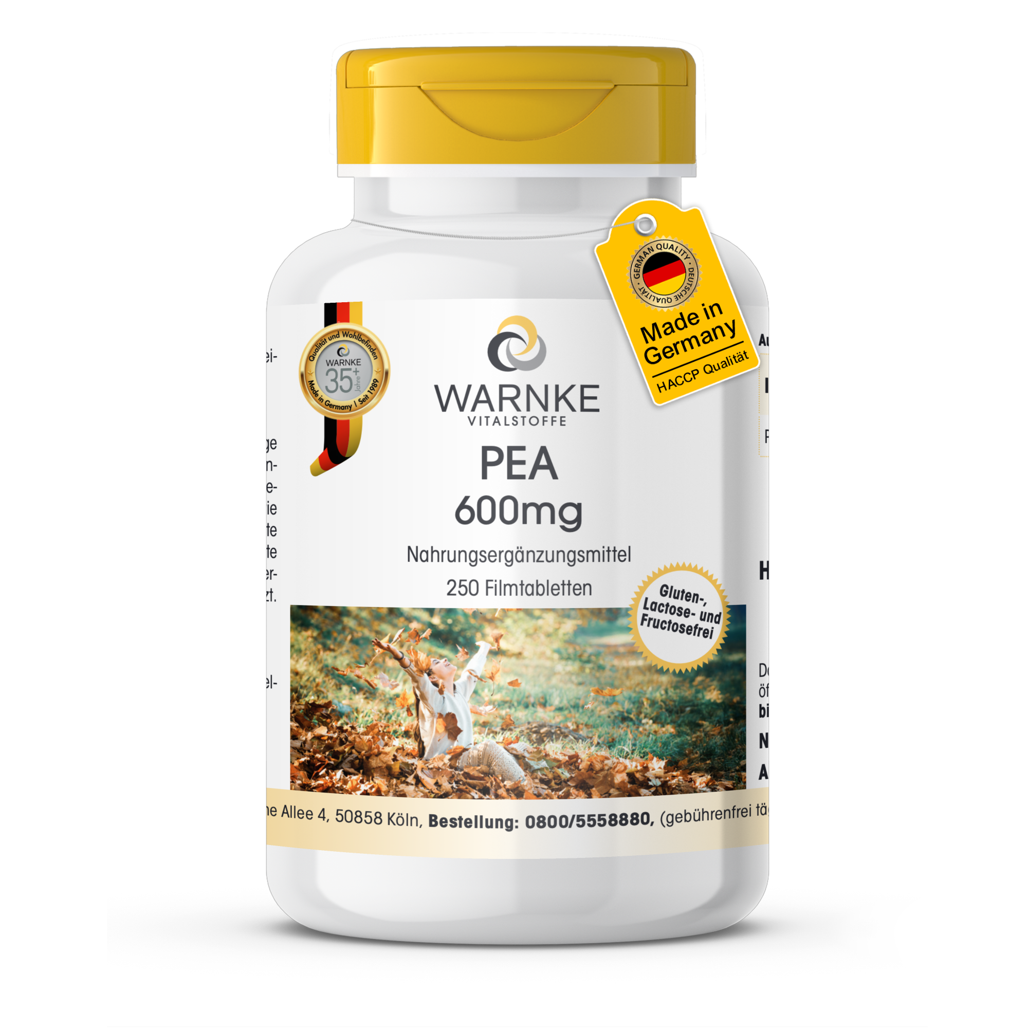 PEA 600mg - 250 filmomhulde tabletten - Gemakkelijk door te slikken - 1.200mg per dag - Veganistisch | Warnke Vitalstoffe