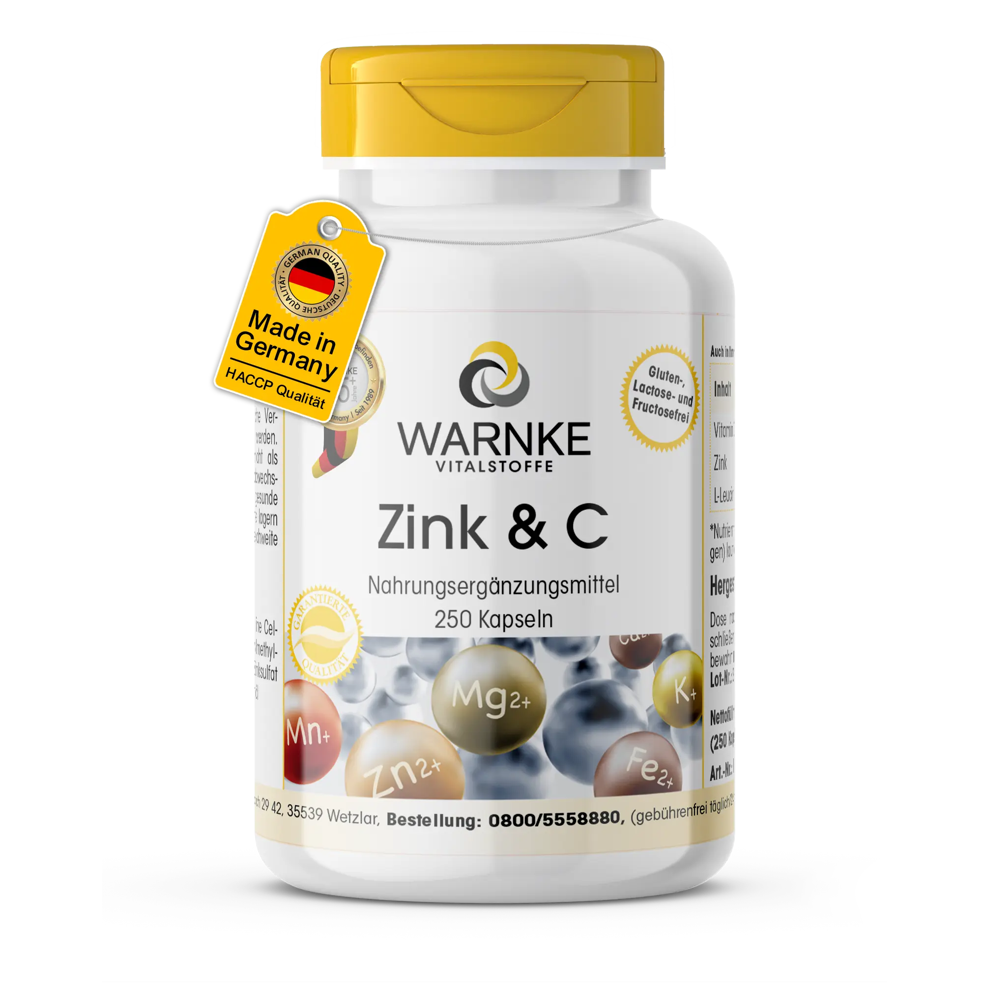 Zink & Vitamin C - 250 Kapseln - Schluckfreundlich - Für Immunsystem, Kollagenbildung uvm. - Vegan | Warnke Vitalstoffe
