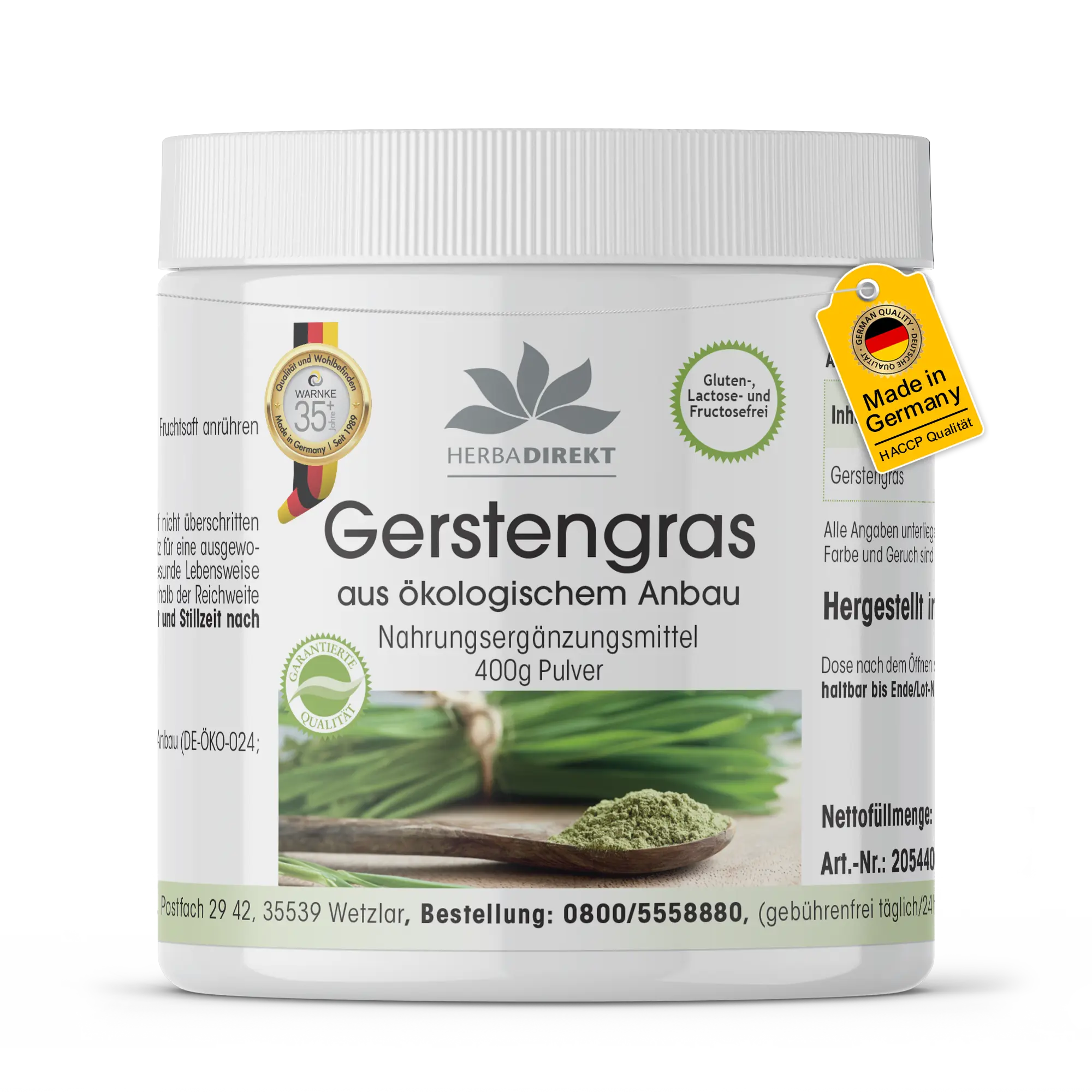 Gerstengras aus ökologischem Anbau - 400g Pulver - Hochdosiert & Vegan | Warnke Vitalstoffe