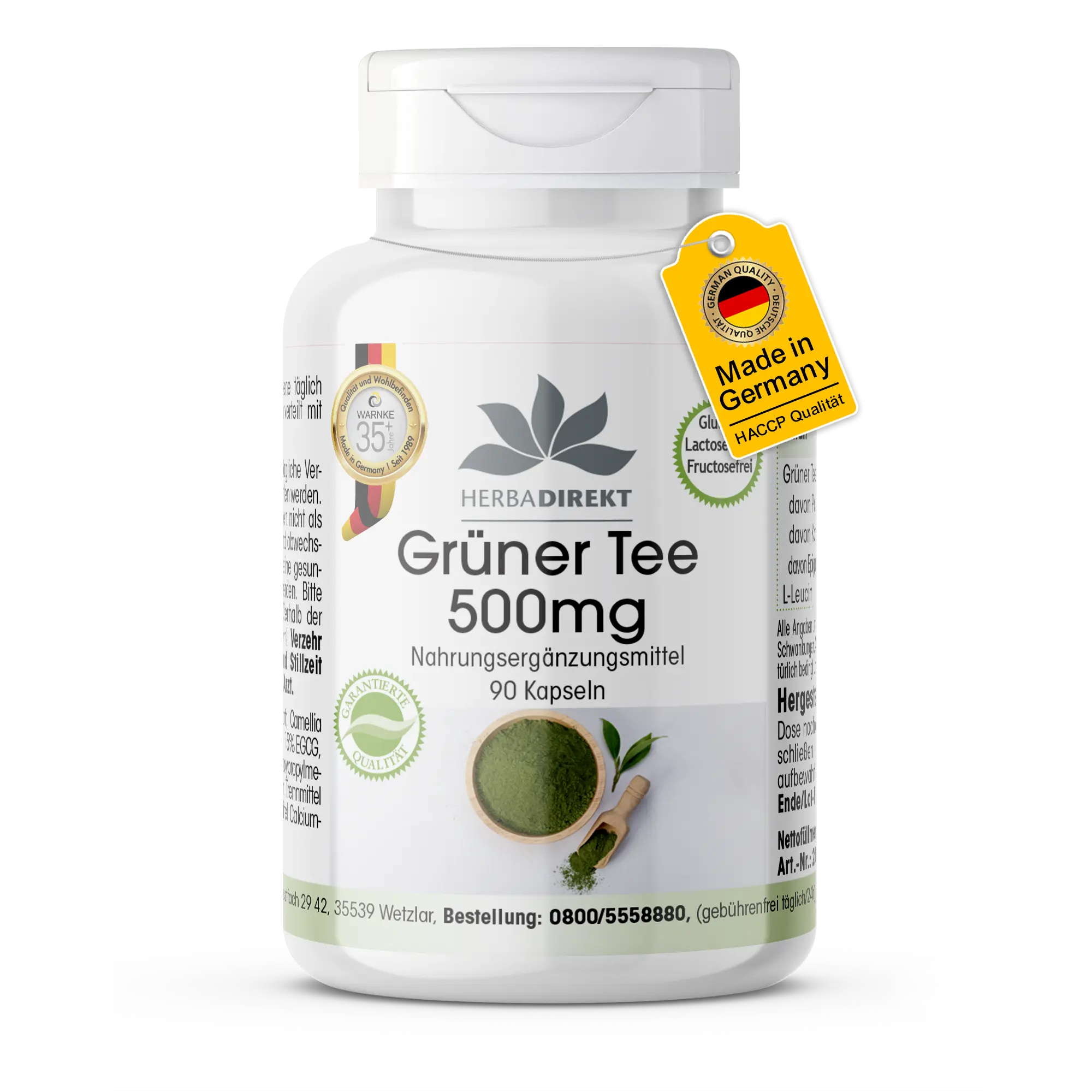 Grüner Tee Extrakt 500mg - 90 Kapseln - Schluckfreundlich - EGCG - Camellia sinensis - Mind. 50% Polyphenole - Vegan | Warnke Vitalstoffe