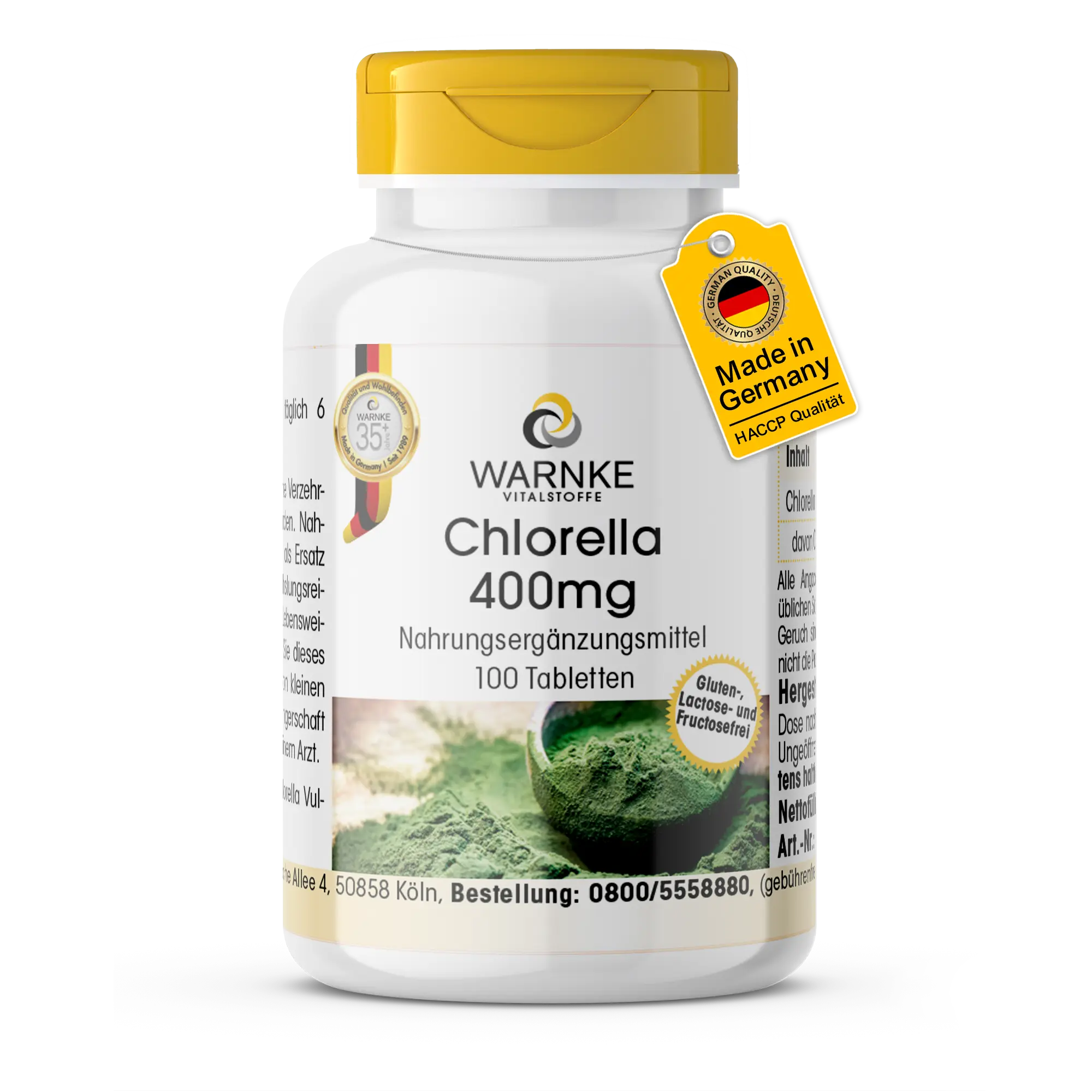 Chlorella 400mg - 100 Tabletten - Schluckfreundlich - Vulgaris Algenpulver - Mit Chlorophyll - Vegan | Warnke Vitalstoffe