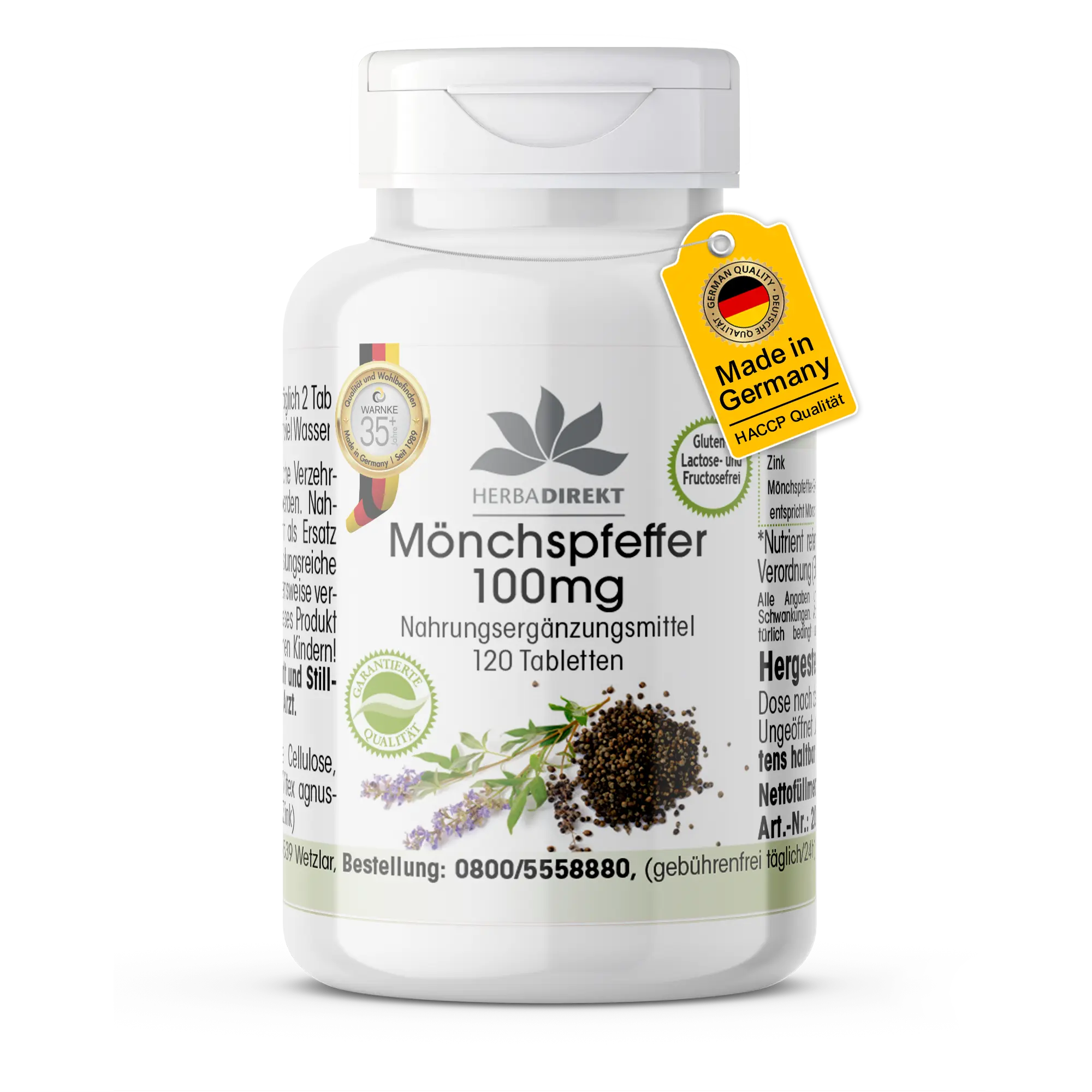 Mönchspfeffer 100mg - 120 Tabletten - Schluckfreundlich - Mit Zink - Für Immunsystem, Haut, Knochen uvm. | Warnke Vitalstoffe