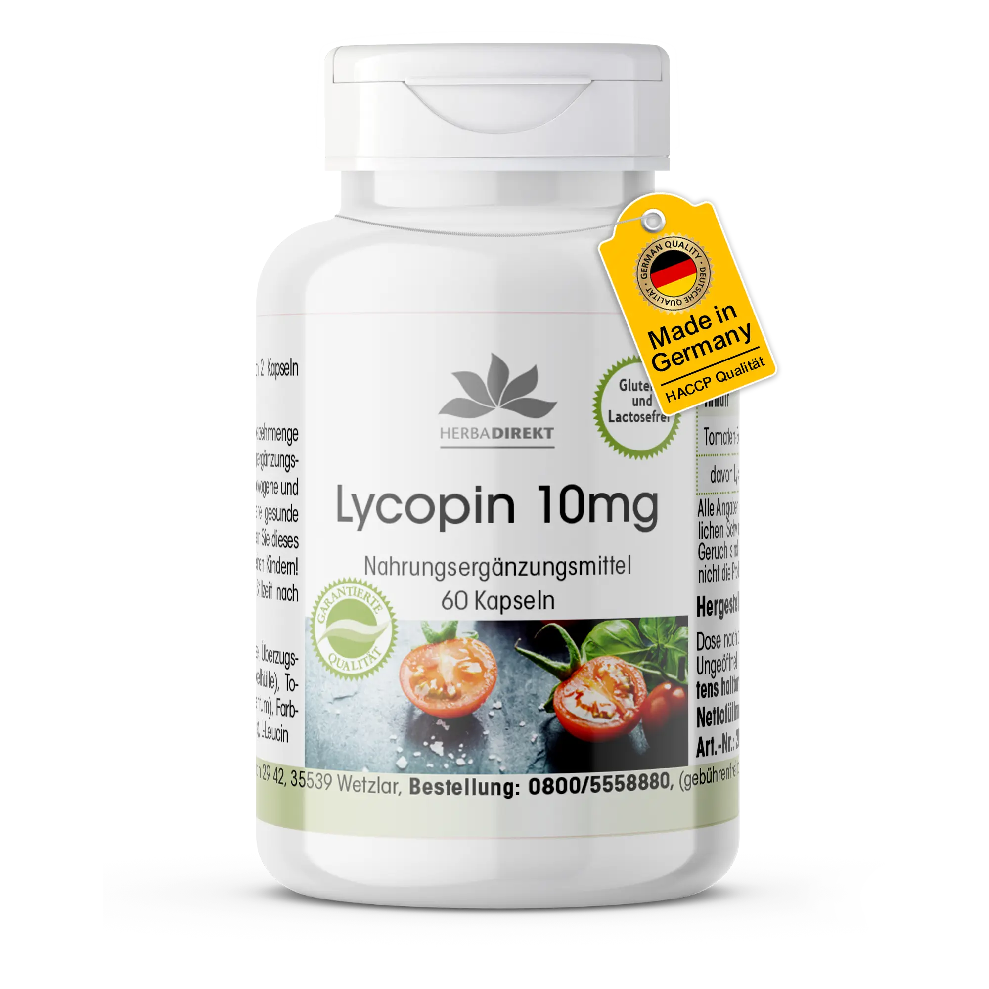 Lycopene 10mg - 60 Capsules - easy to swallow - from tomato extract - vegan