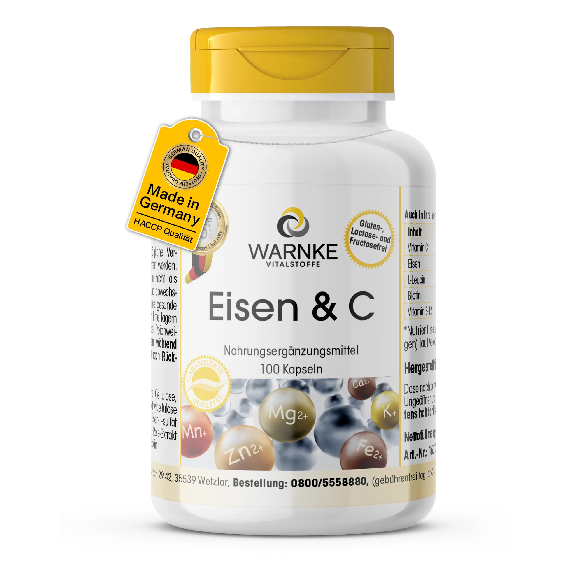 Eisen & C - 100 Kapseln - Schluckfreundlich - Mit Vitamin C, Vitamin B12, Biotin - Für Immunsystem, Energie uvm. | Warnke Vitalstoffe