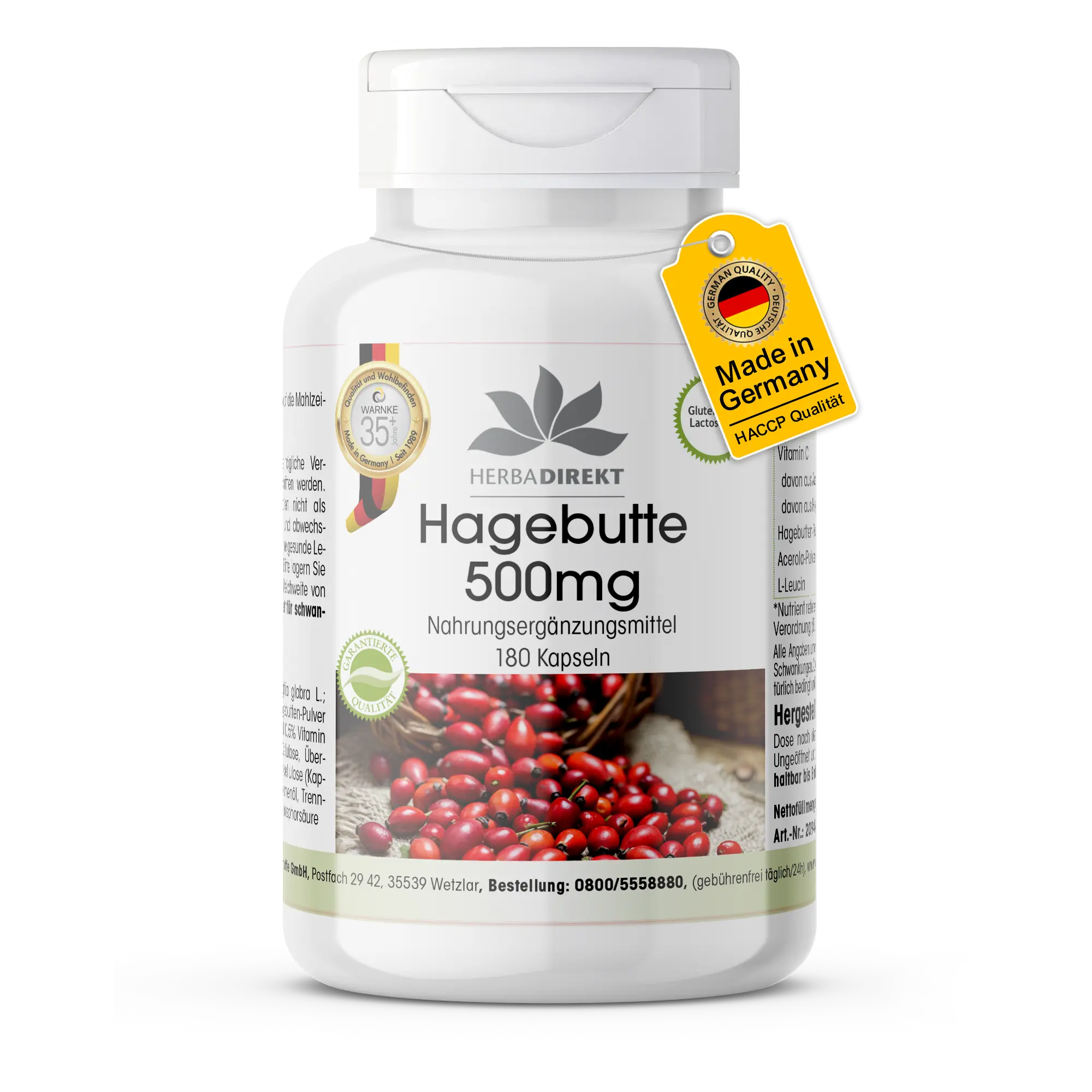 Hagebutte 500mg - 180 Kapseln - mit Vitamin C - Immunsystem, Kollagenbildung uvm. | Herba Direkt