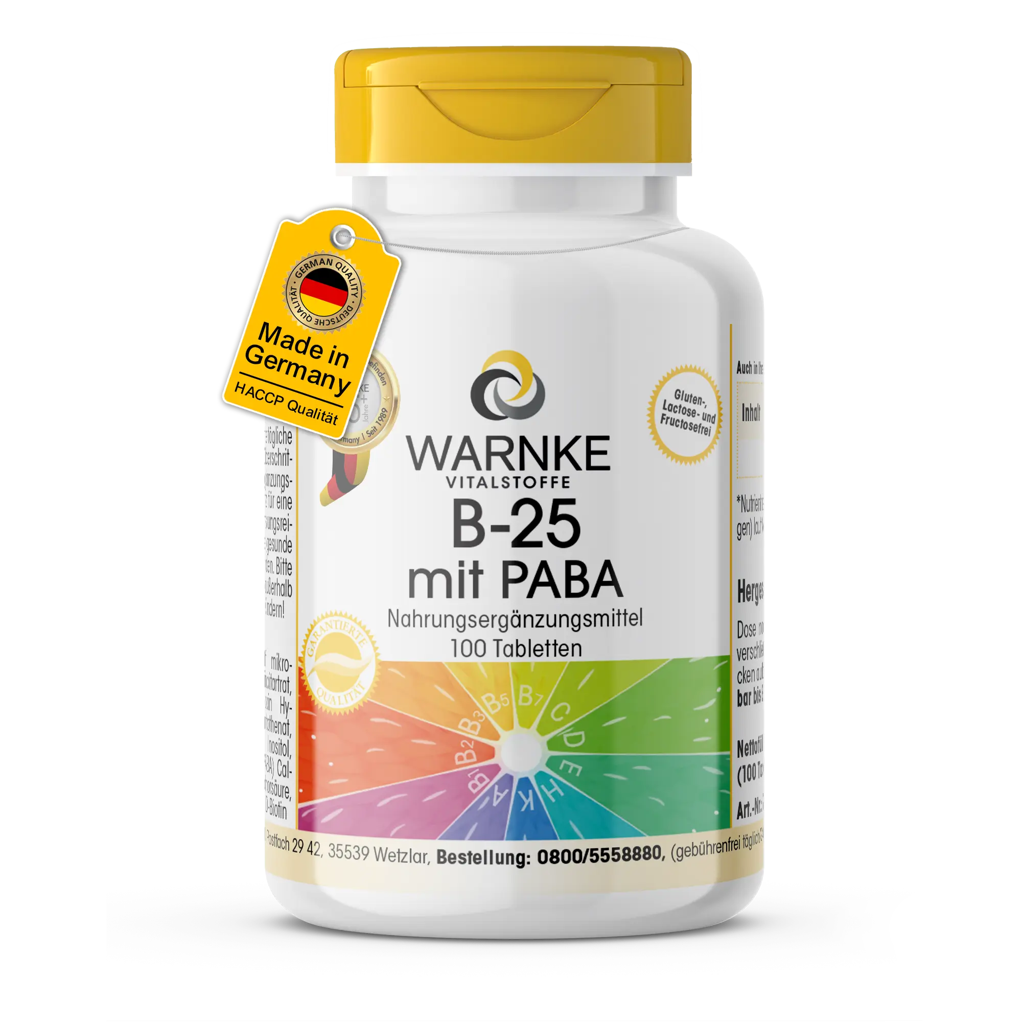 B-25 mit PABA - 100 Tabletten - mit Biotin, Vitamin B12 uvm. - für Energie, Haare, Haut, Immunsystem uvm. | Warnke Vitalstoffe