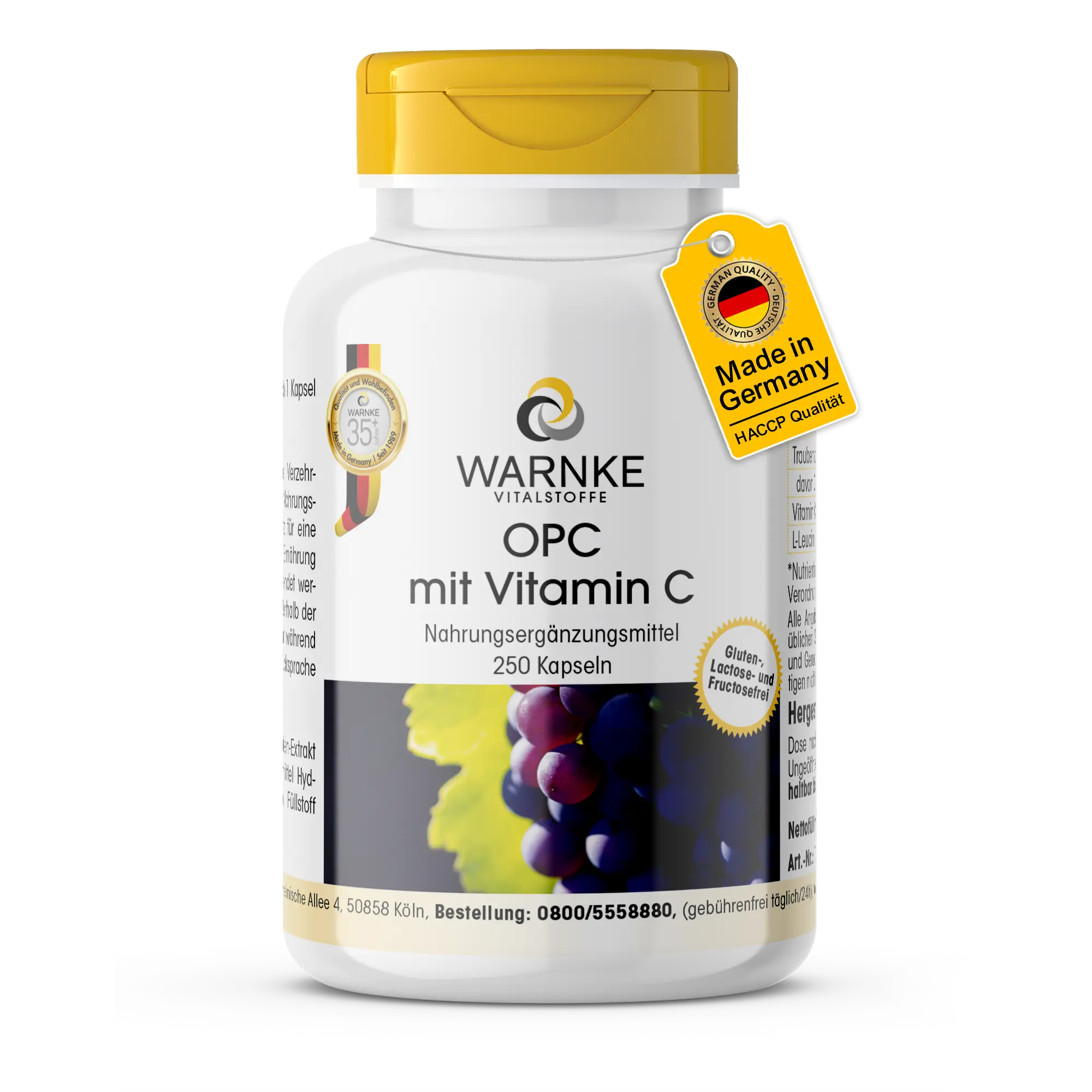 OPC mit Vitamin C - 250 Kapseln - Schluckfreundlich - Für Immunsystem, Kollagenbildung uvm. - Vegan | Warnke Vitalstoffe