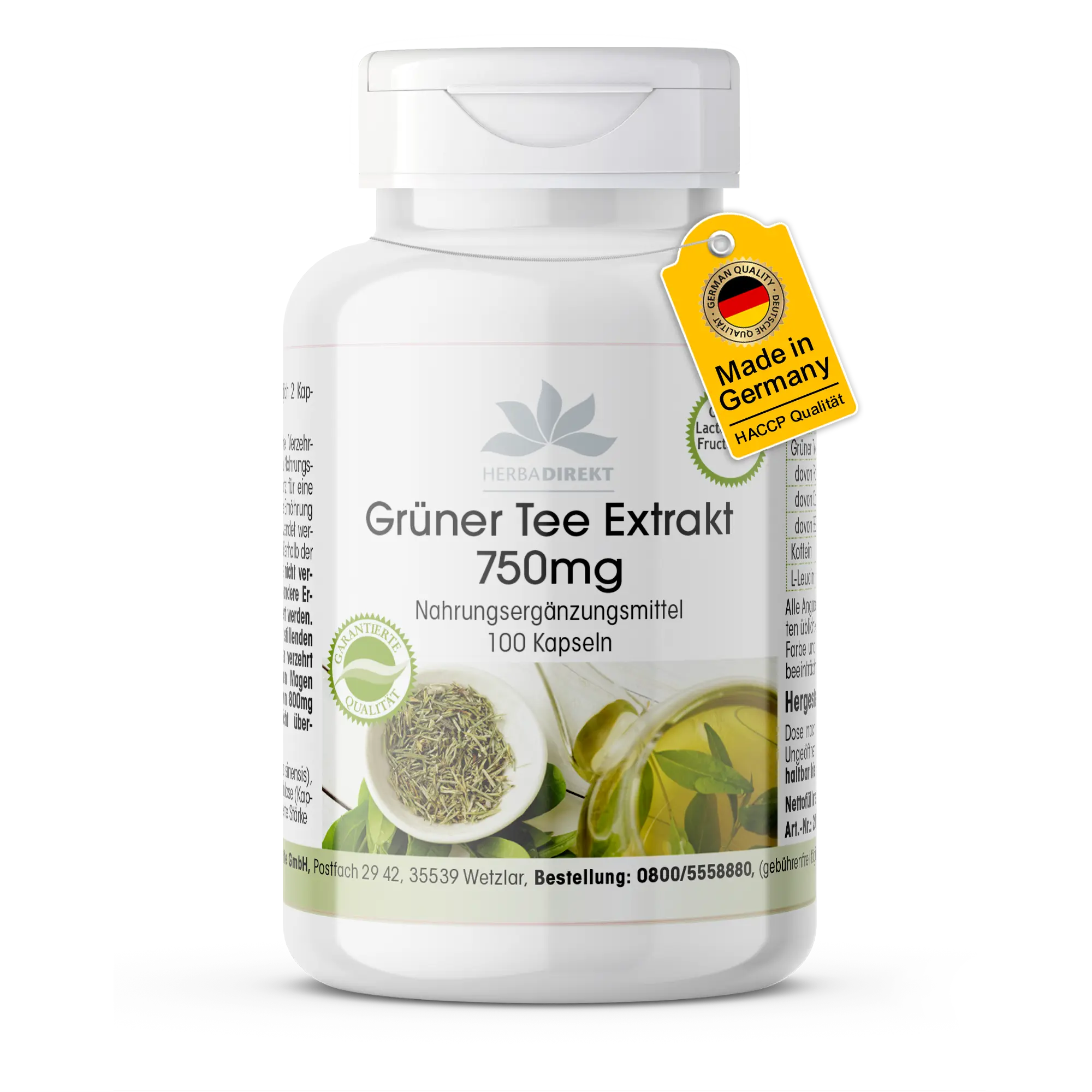 Grüner Tee Extrakt 750mg - 100 Kapseln - Polyphenole - Catechine - EGCG - Koffein - Vegan | Warnke Vitalstoffe