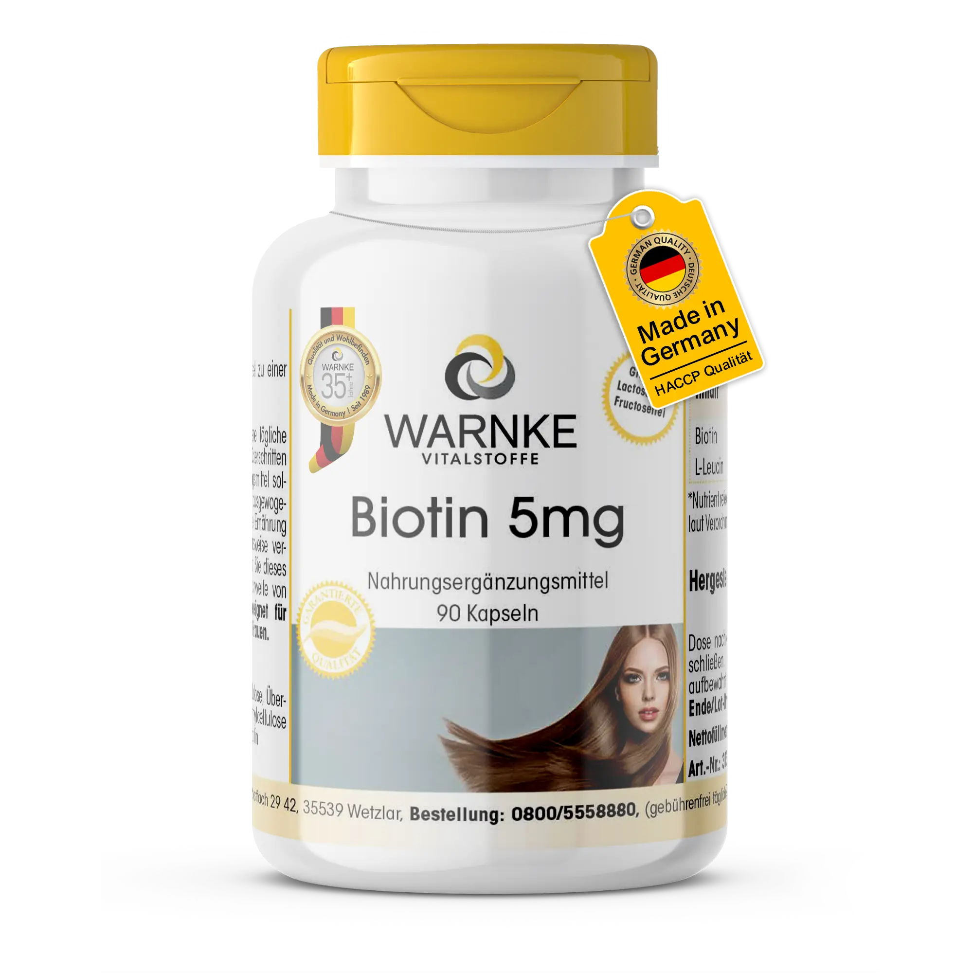 Biotin 5mg - 90 Kapseln - Schluckfreundlich - Für Haare, Haut, Nervensystem uvm. | Warnke Vitalstoffe