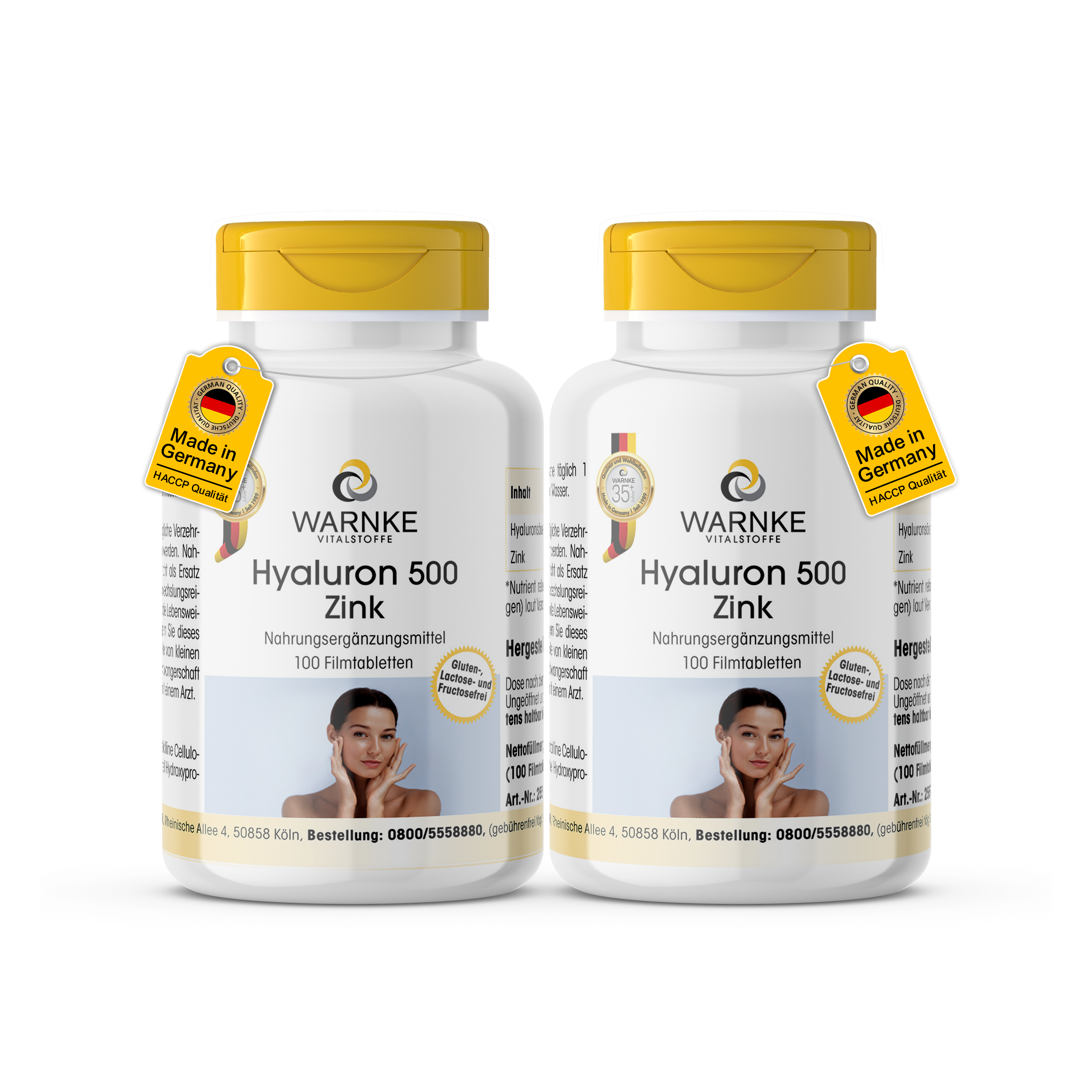 Hyaluron 500 + Zink - 2 x 100 Filmtabletten - Doppelpack - schluckfreundlich - für Haut, Zellschutz uvm. - vegan | Warnke Vitalstoffe