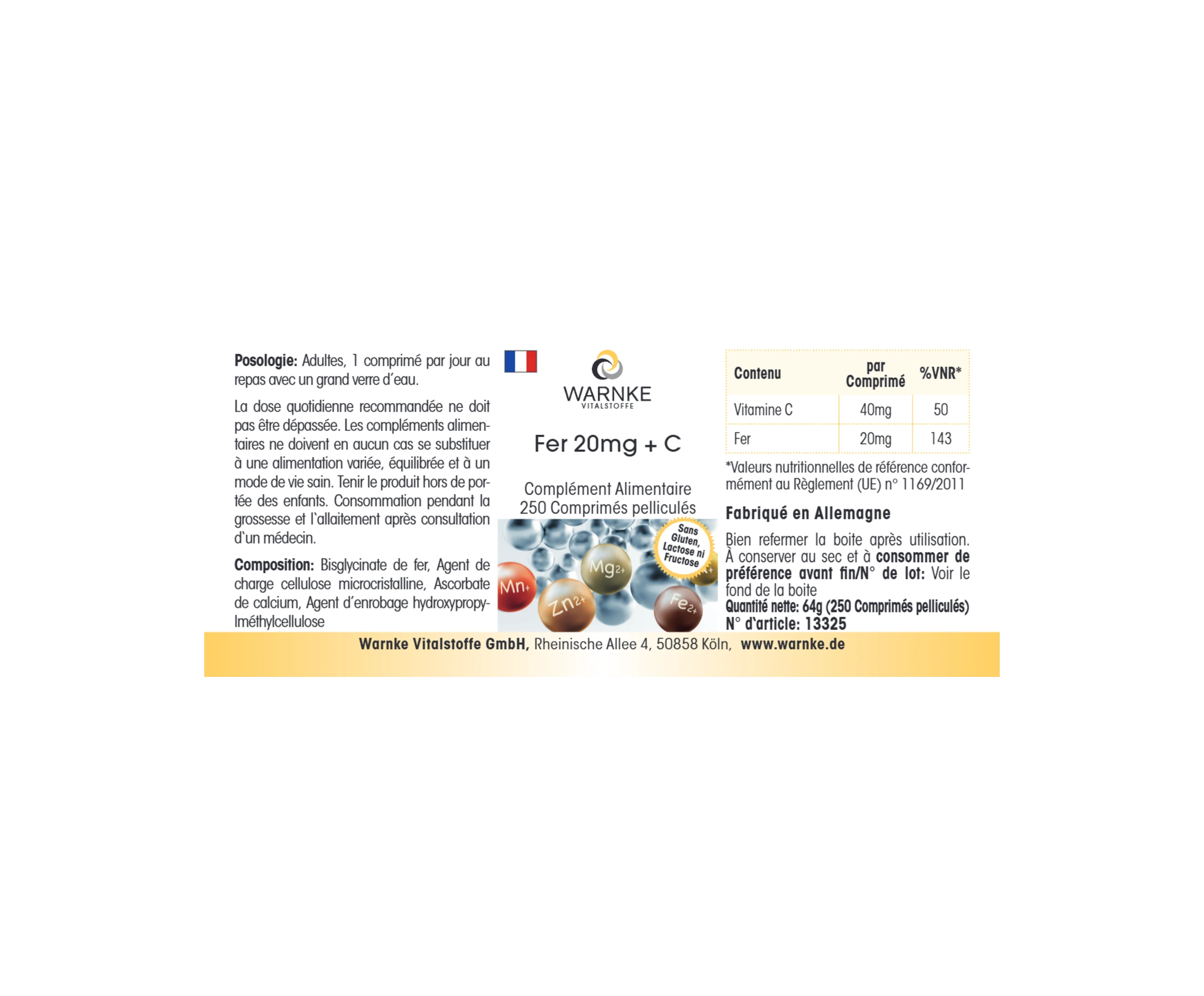 Iron 20mg + C - 250 Film-Coated Tablets - Easy to Swallow - Vegan | Warnke Vitalstoffe