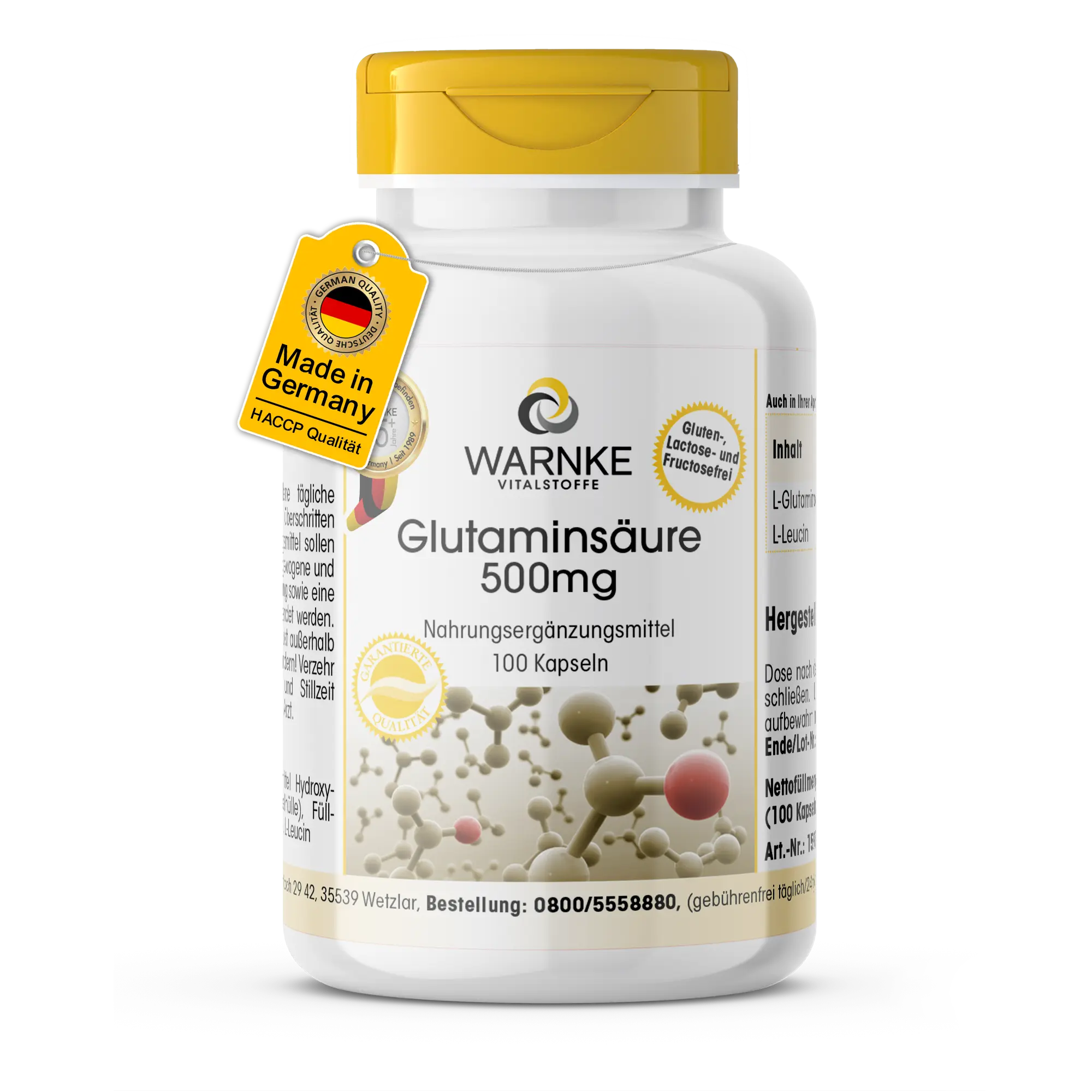 Glutaminsäure 500mg - 100 Kapseln - Schluckfreundlich - Hochdosiert & Vegan | Warnke Vitalstoffe