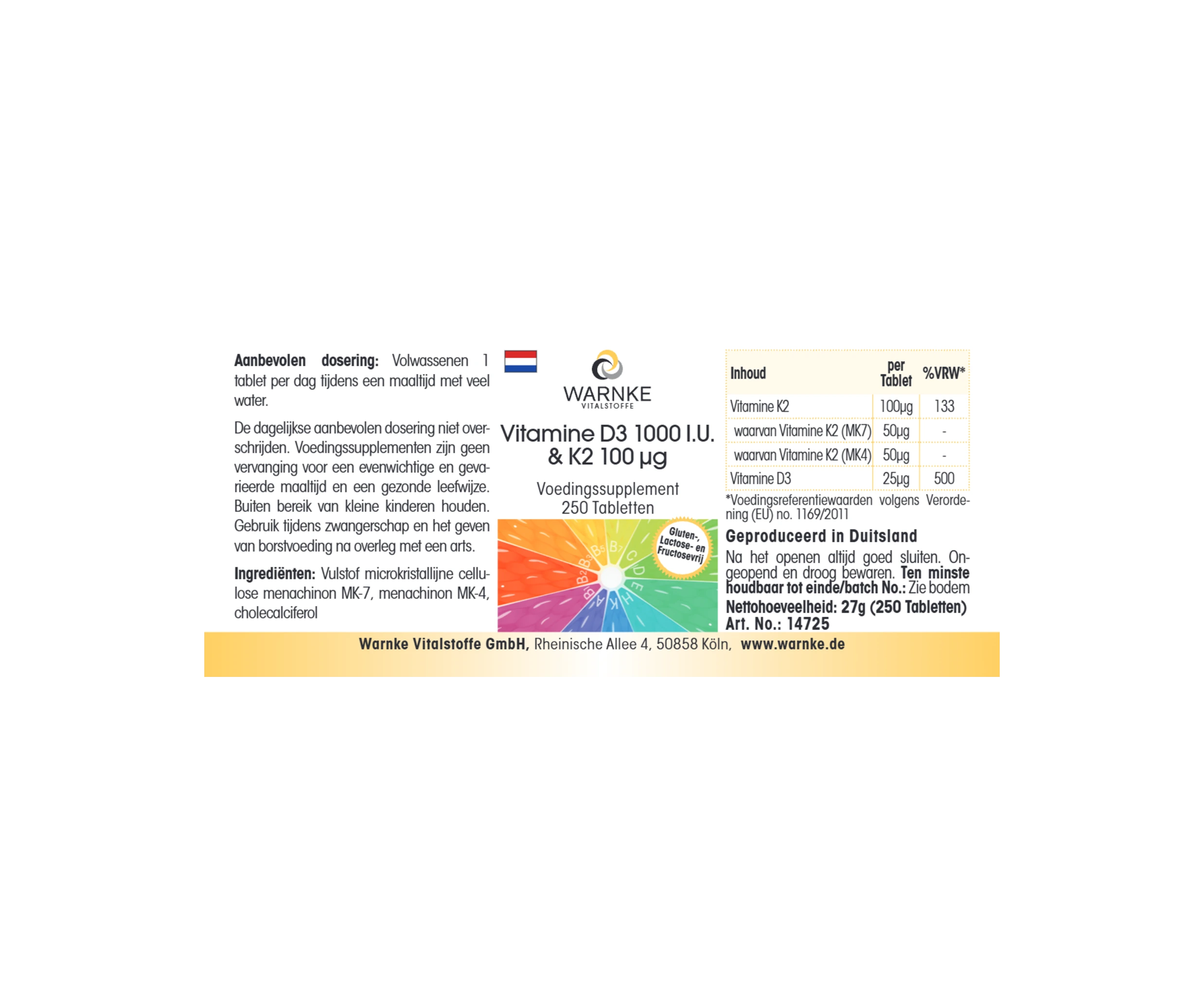 Vitamin D3 1.000 I.E. & K2 100μg - 250 Tabletten - für Knochen & Immunsystem - hochdosiert | Warnke Vitalstoffe