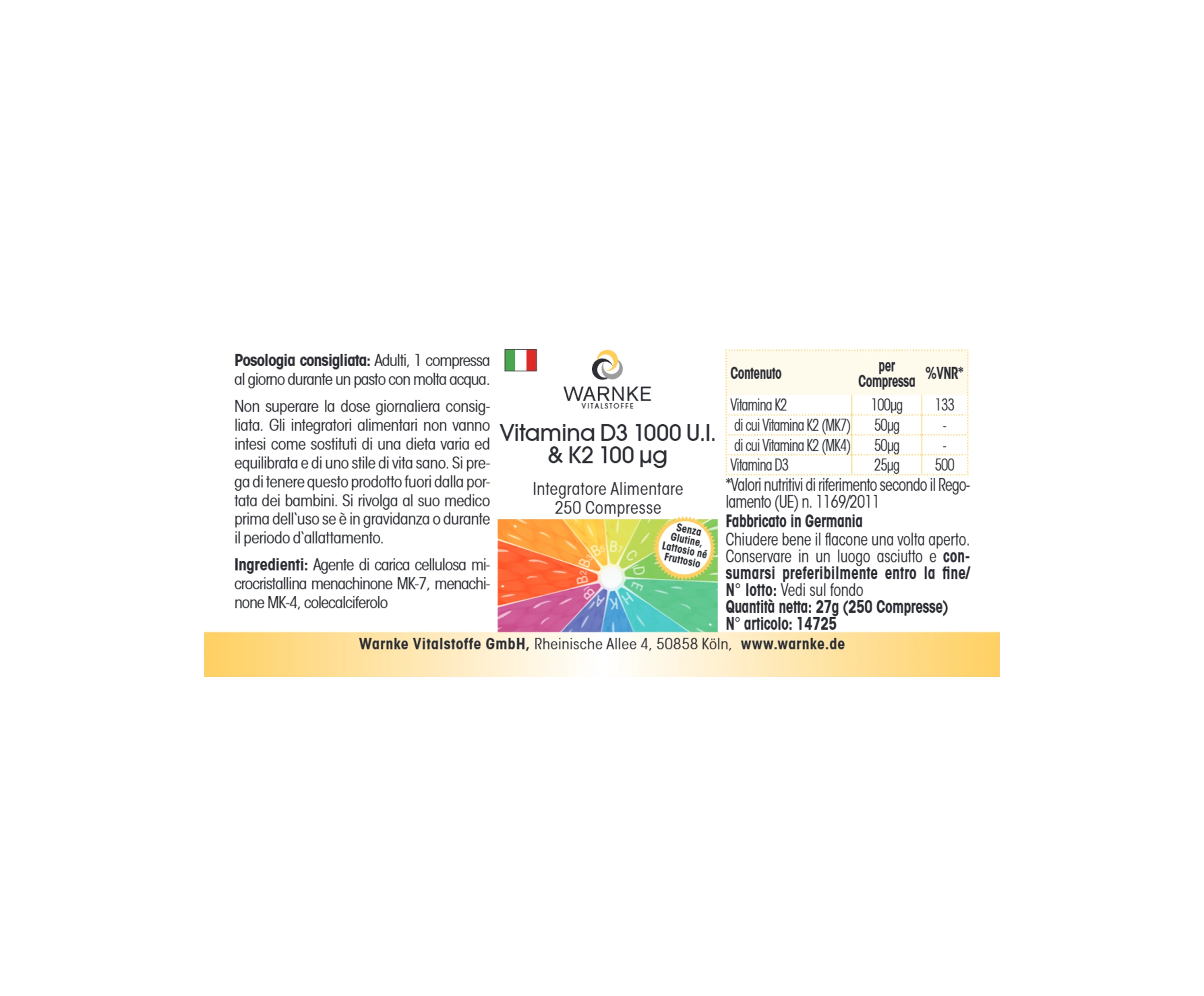 Vitamin D3 1.000 I.E. & K2 100μg - 250 Tabletten - für Knochen & Immunsystem - hochdosiert | Warnke Vitalstoffe