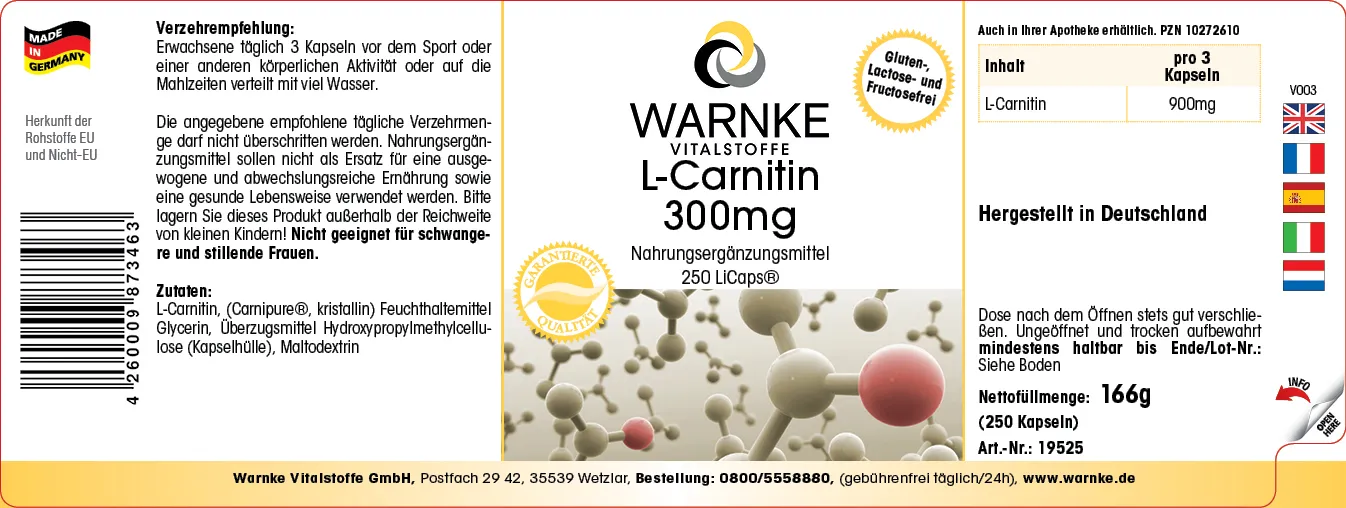 l carnitina 300 mg L-Carnitine 300mg - 250 LiCaps - easy to swallow - vegan