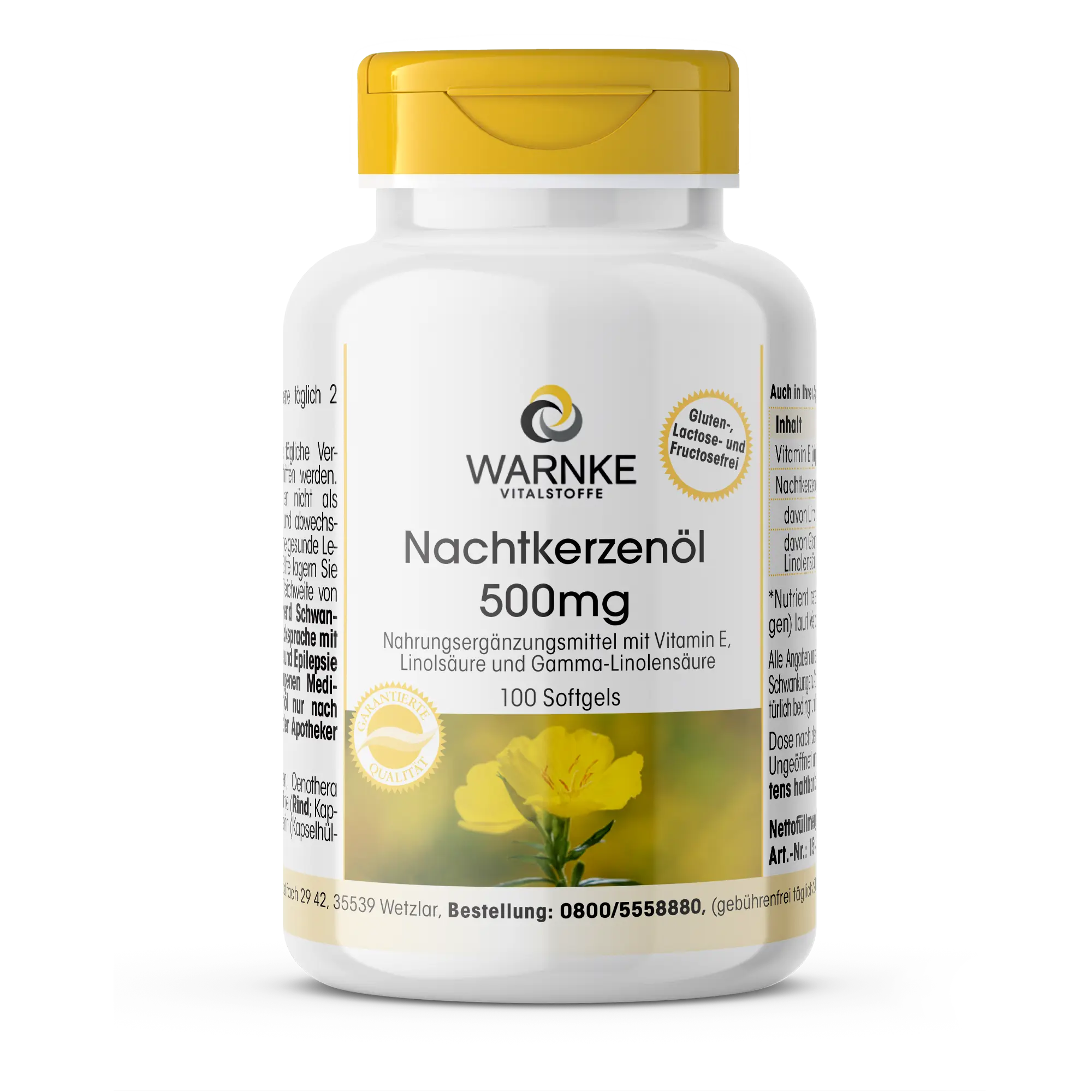 Teunisbloemolie 500 mg - 100 softgels - gemakkelijk te slikken - met vitamine E - voor celbescherming | Warnke Vitalstoffe