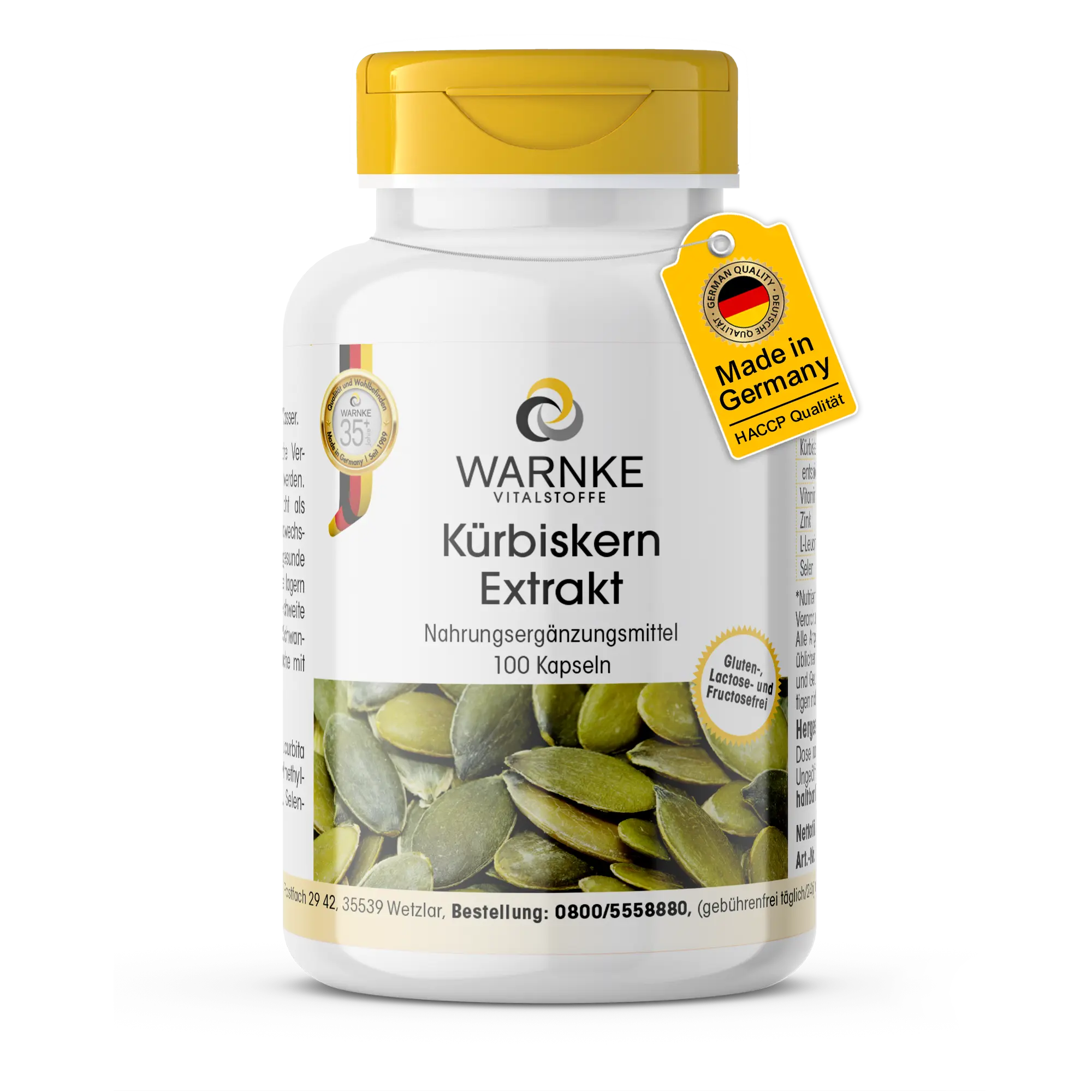 Kürbiskern-Extrakt 500mg - 100 Kapseln - mit Vitamin E, Selen uvm. - für Immunsystem, Haut uvm. | Warnke Vitalstoffe