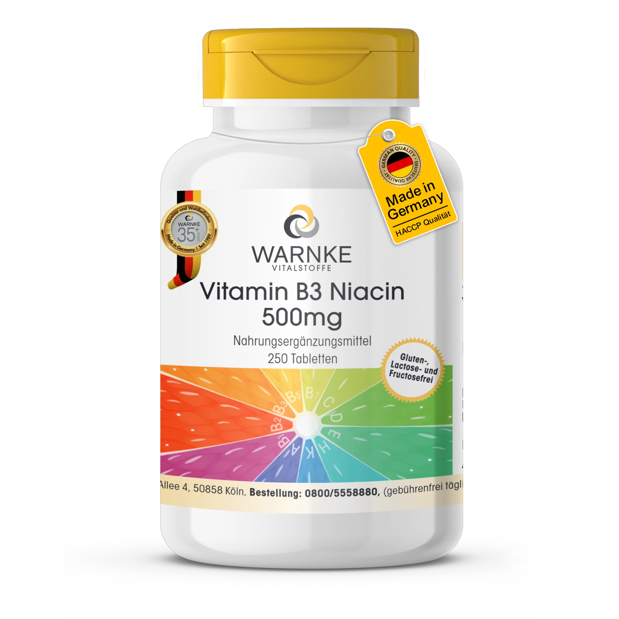 Vitamine B3 Niacine 500mg - 250 tabletten - voor energie, huid en meer - hooggedoseerd & veganistisch | Warnke Vitalstoffe