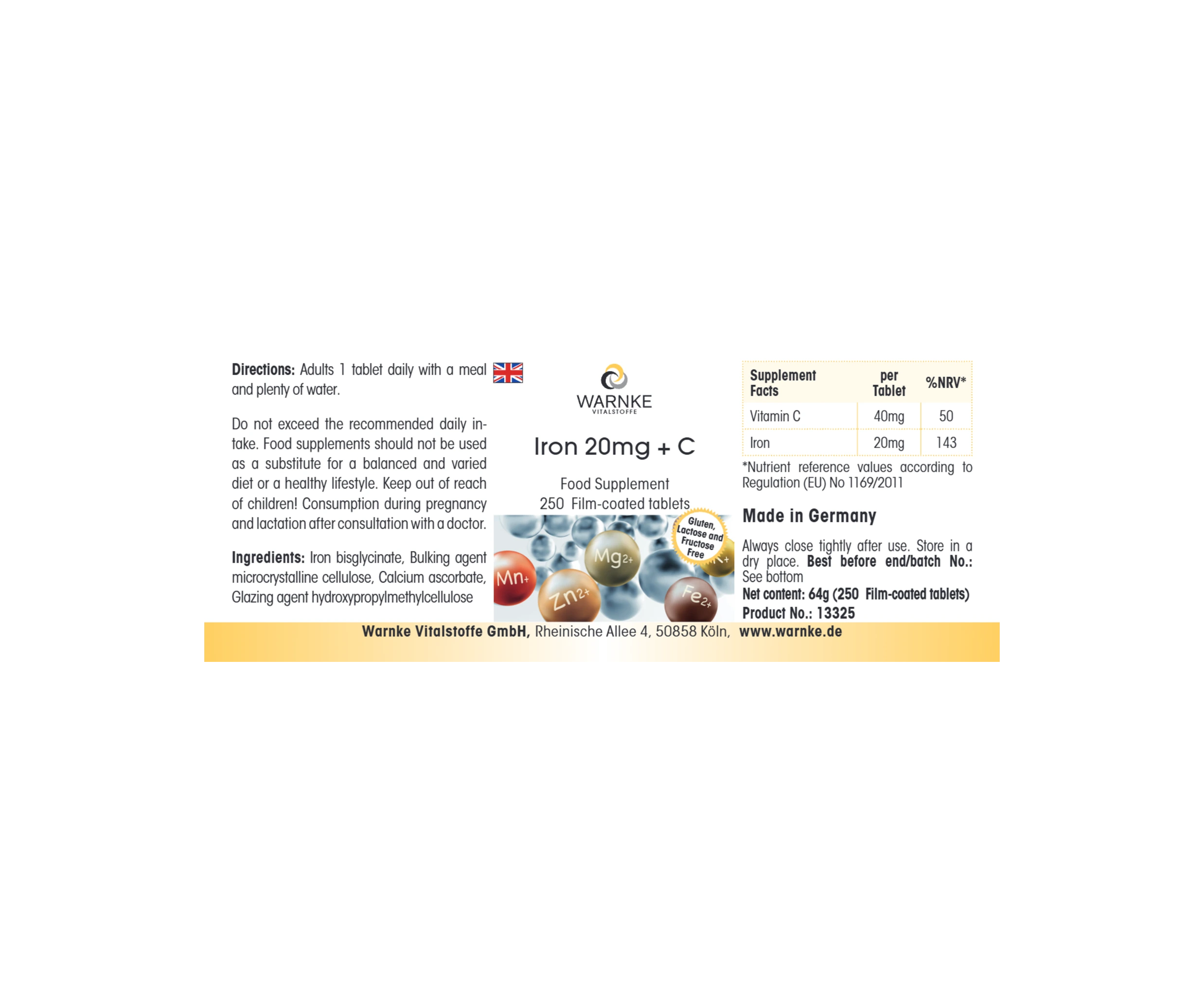 Iron 20mg + C - 250 Film-Coated Tablets - Easy to Swallow - Vegan | Warnke Vitalstoffe