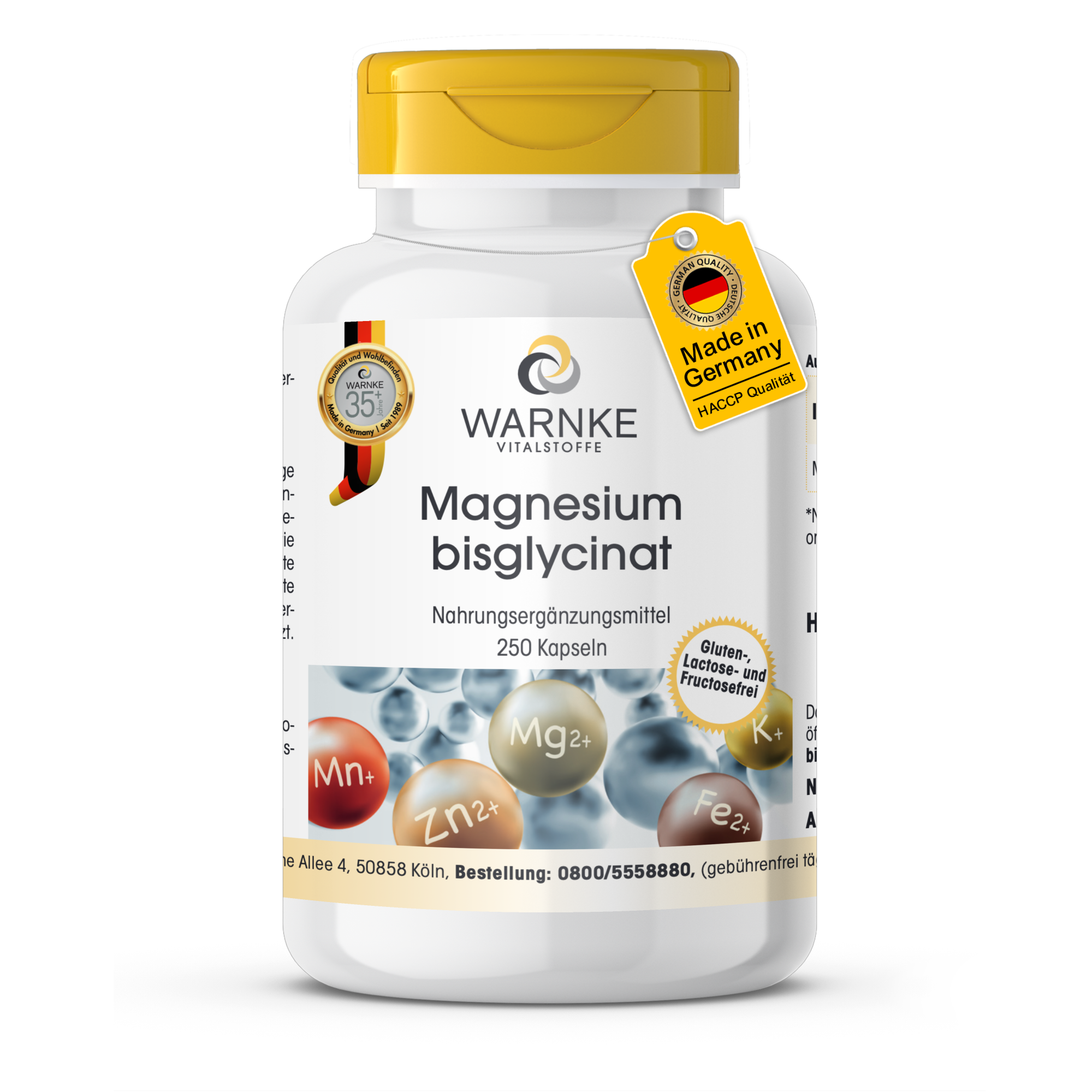 Magnesium Bisglycinate - 250 Capsules - 300mg Magnesium - for Bones, Muscles & More - Vegan | Warnke Vitalstoffe